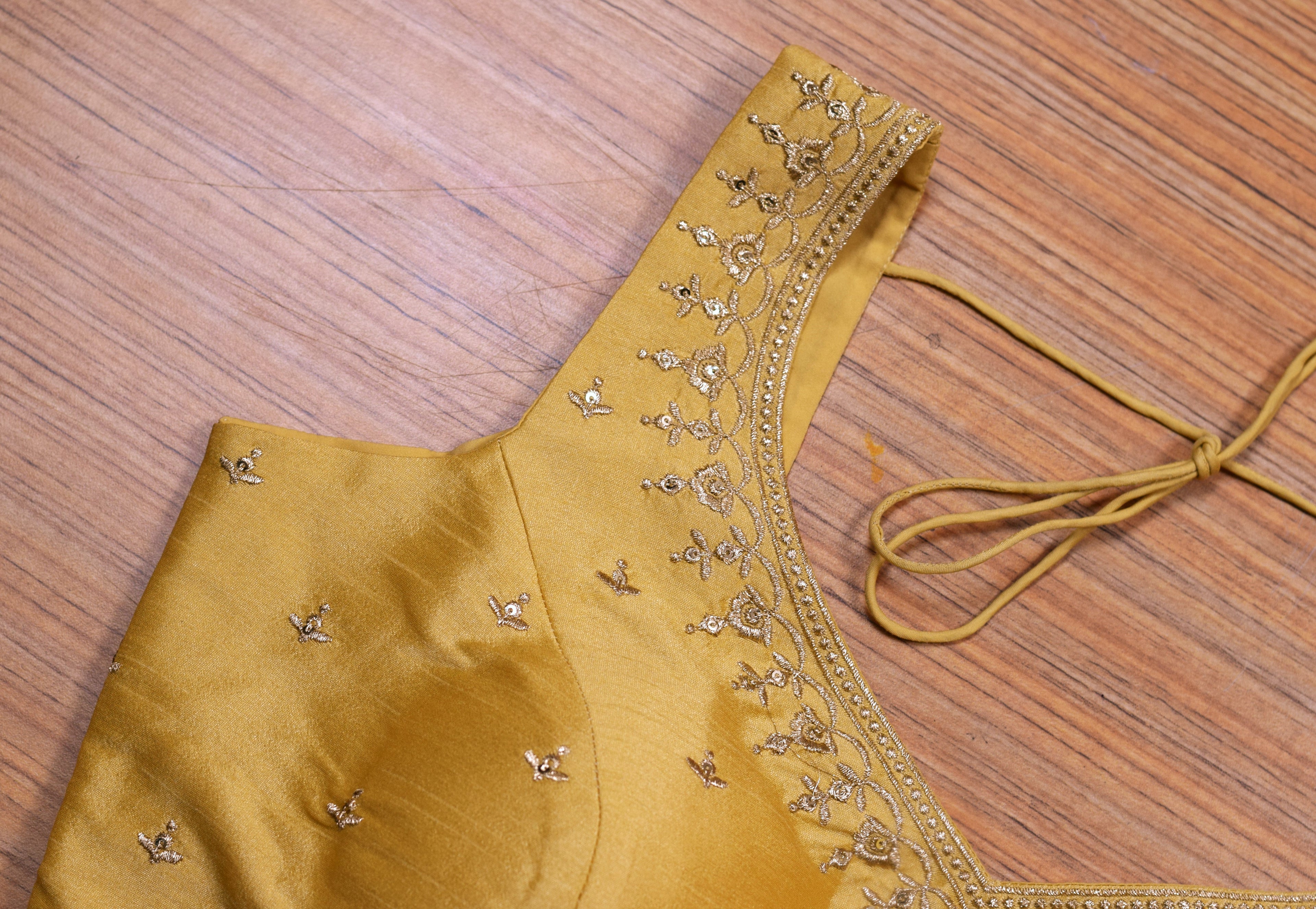 Women's Chanderi Silk Embroidered Saree Blouse | Ready-to-Wear Padded Blouse with Sleeves Inside | Golden Mustard