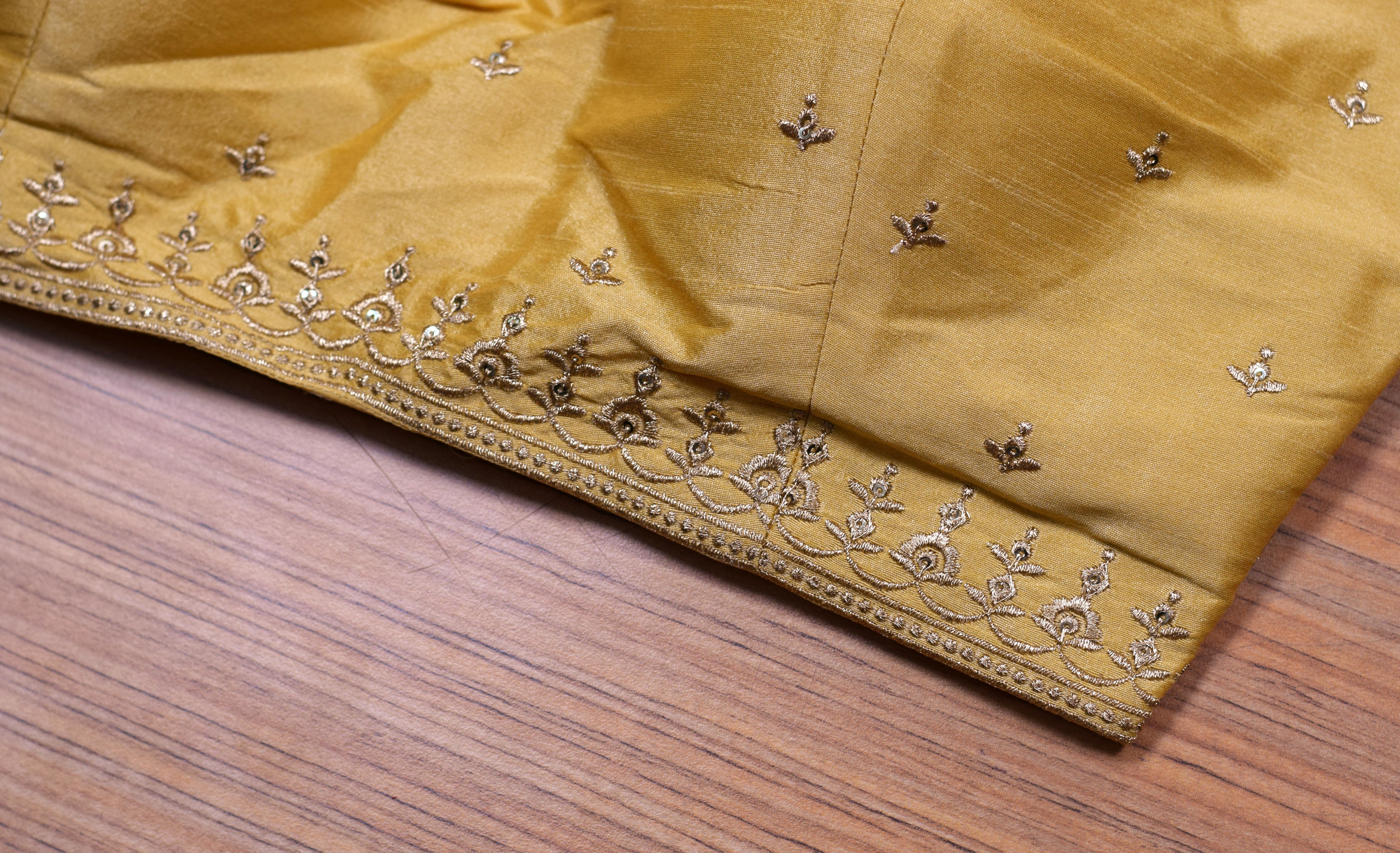 Women's Chanderi Silk Embroidered Saree Blouse | Ready-to-Wear Padded Blouse with Sleeves Inside | Golden Mustard