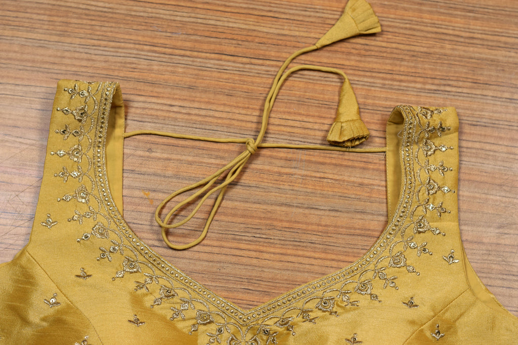 Women's Chanderi Silk Embroidered Saree Blouse | Ready-to-Wear Padded Blouse with Sleeves Inside | Golden Mustard