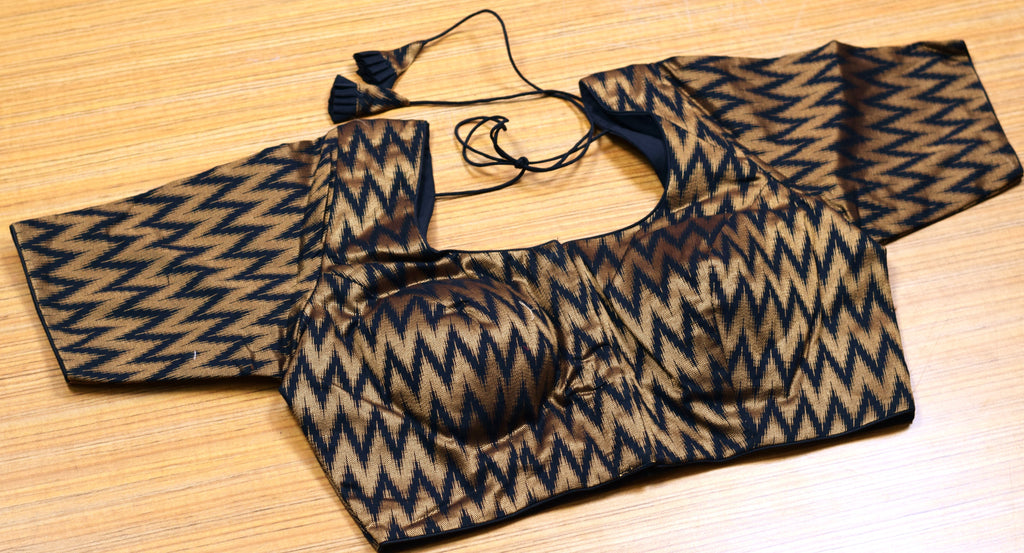 Women's Chanderi Silk Front Open Saree Blouse | Gold Ikat Pattern | Padded Readymade Blouse for Saree & Midi