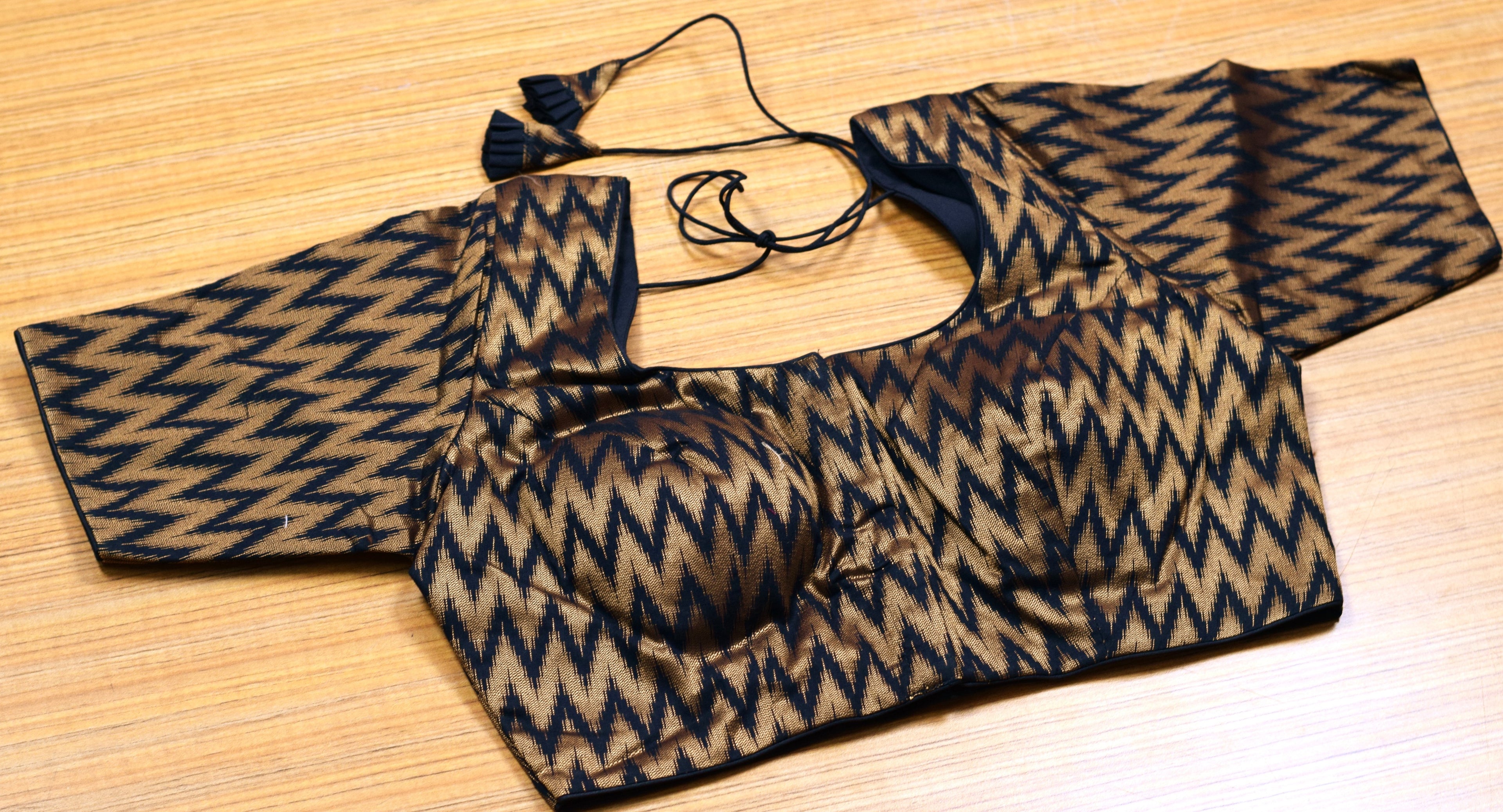 Women's Chanderi Silk Front Open Saree Blouse | Gold Ikat Pattern | Padded Readymade Blouse for Saree & Midi