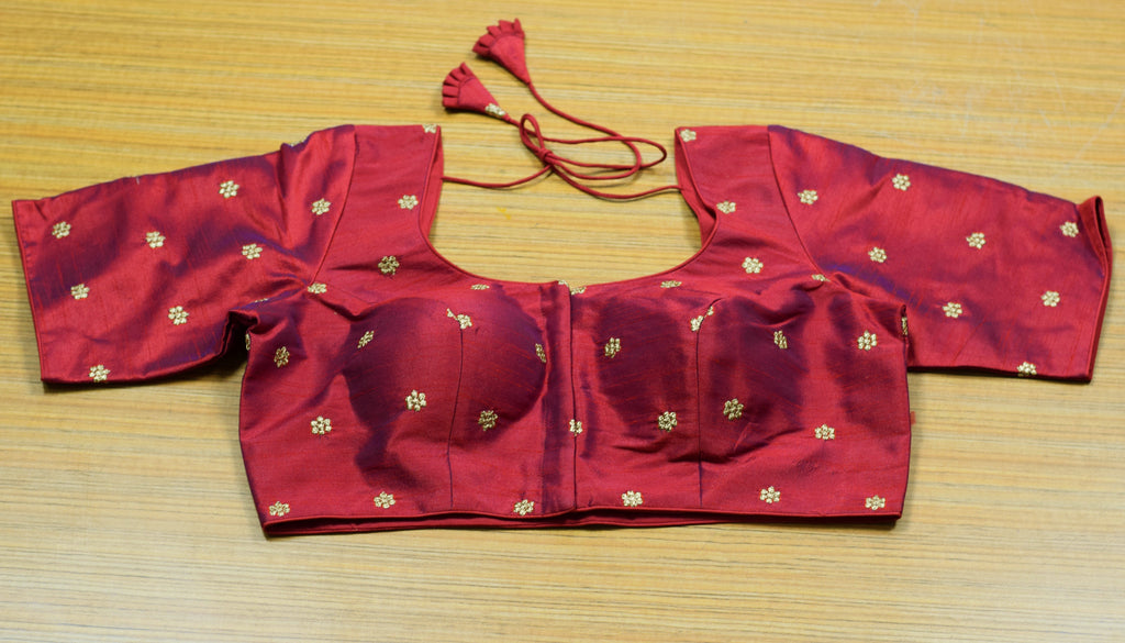 Women's Chanderi Silk Front Open Saree Blouse | Maroon with Gold Butti | Padded Ready-to-Wear Blouse