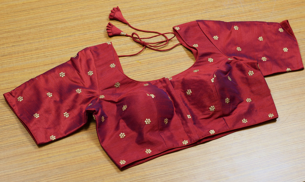 Women's Chanderi Silk Front Open Saree Blouse | Maroon with Gold Butti | Padded Ready-to-Wear Blouse
