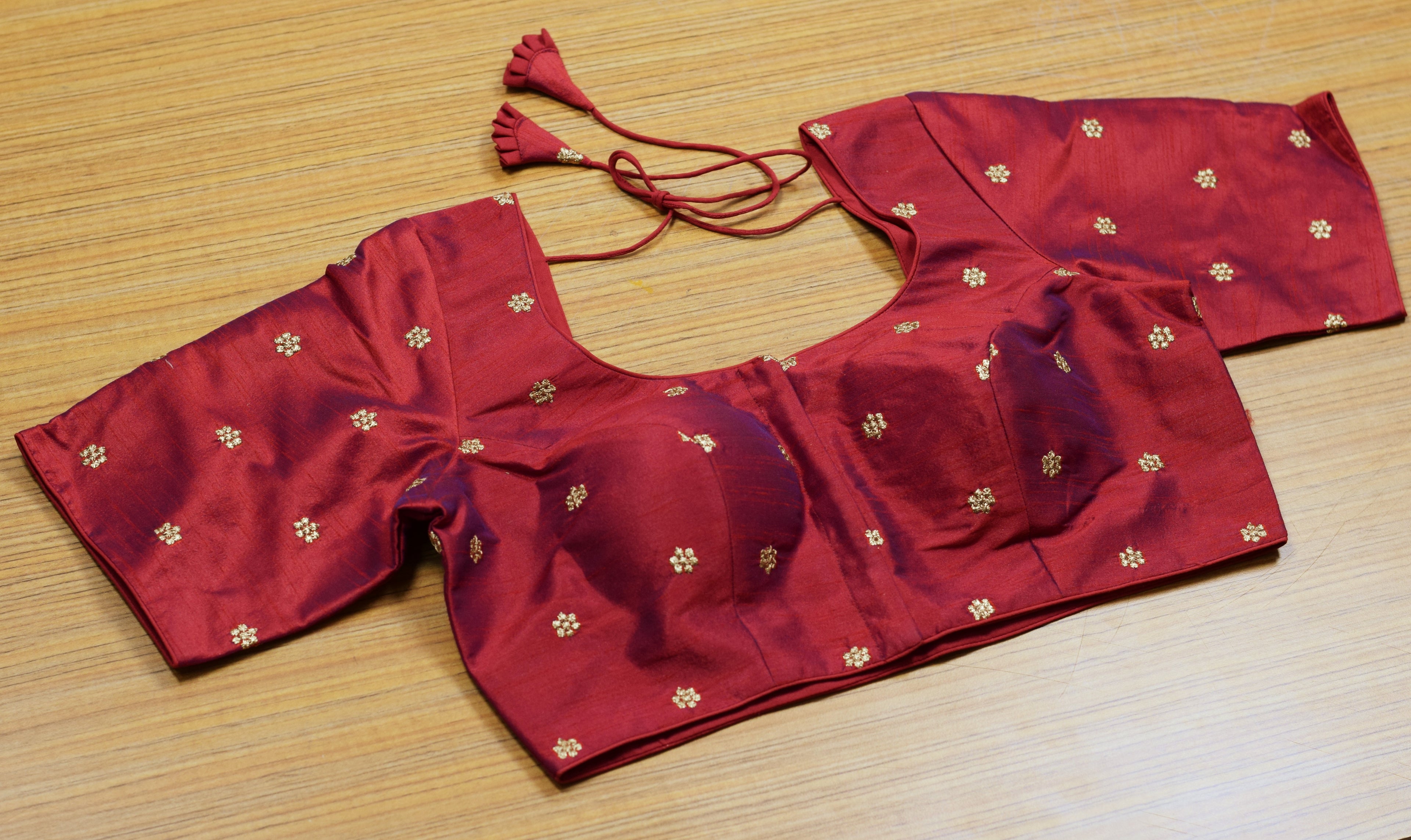 Women's Chanderi Silk Front Open Saree Blouse | Maroon with Gold Butti | Padded Ready-to-Wear Blouse