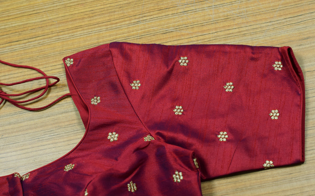Women's Chanderi Silk Front Open Saree Blouse | Maroon with Gold Butti | Padded Ready-to-Wear Blouse