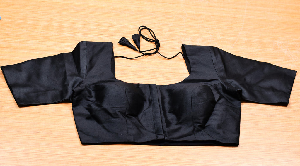 Women's Black Chanderi Silk Saree Blouse | Front Open | Readymade Padded Blouse for Sarees & Midi Dresses