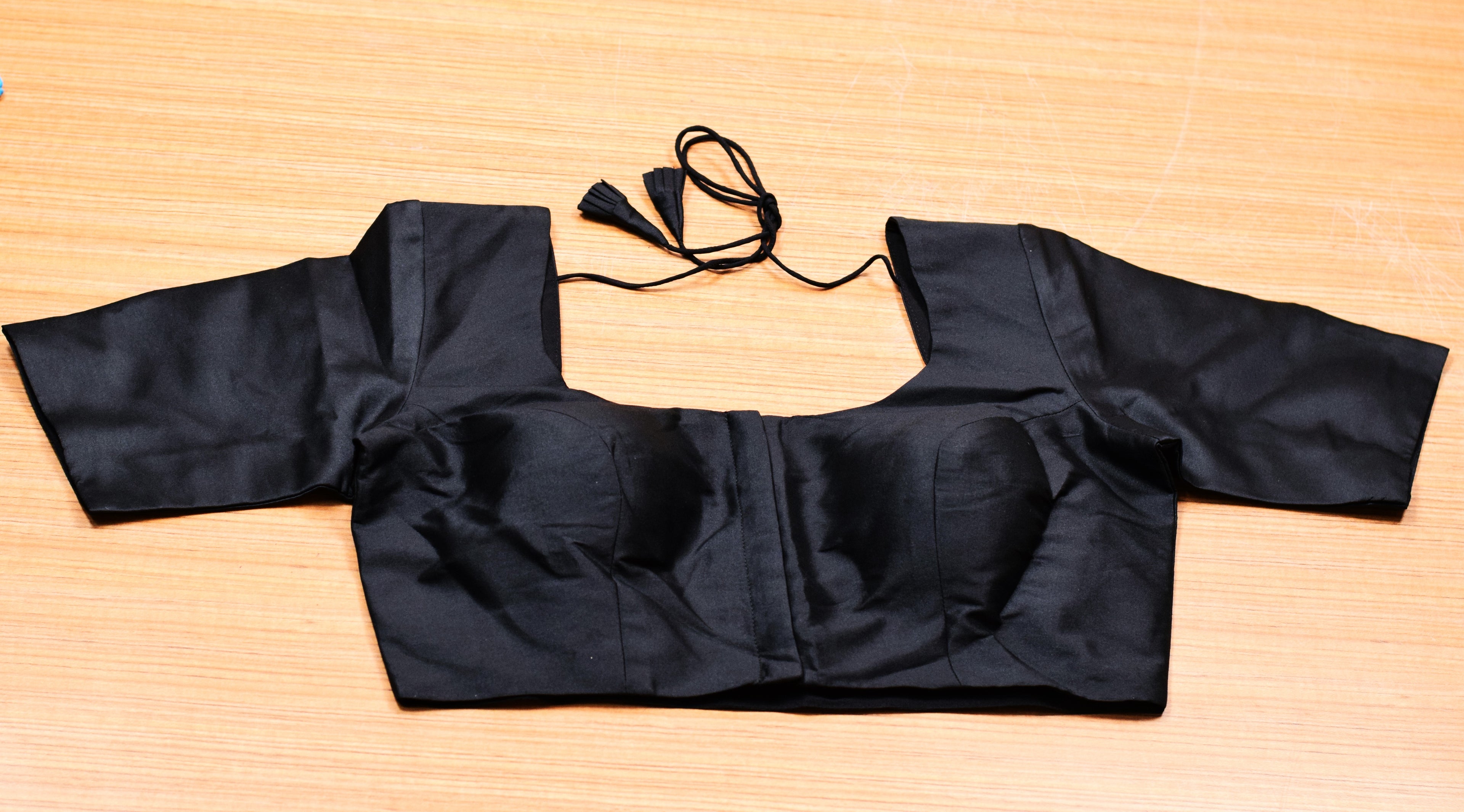 Women's Black Chanderi Silk Saree Blouse | Front Open | Readymade Padded Blouse for Sarees & Midi Dresses