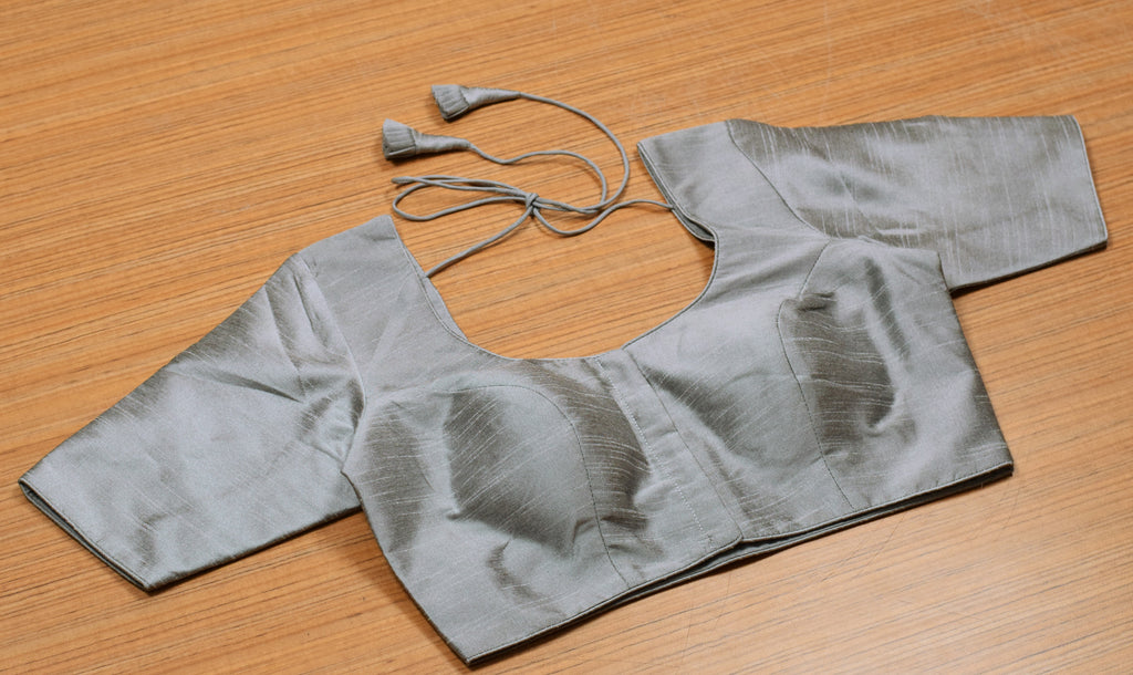 Women's Chanderi Silk Front Open Saree Blouse | Readymade Padded Blouse | Grey |