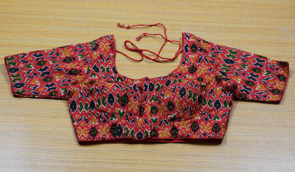 Women's Chanderi Silk Ikat Print Saree Blouse | Front Open Readymade Blouse | Red Multicolor