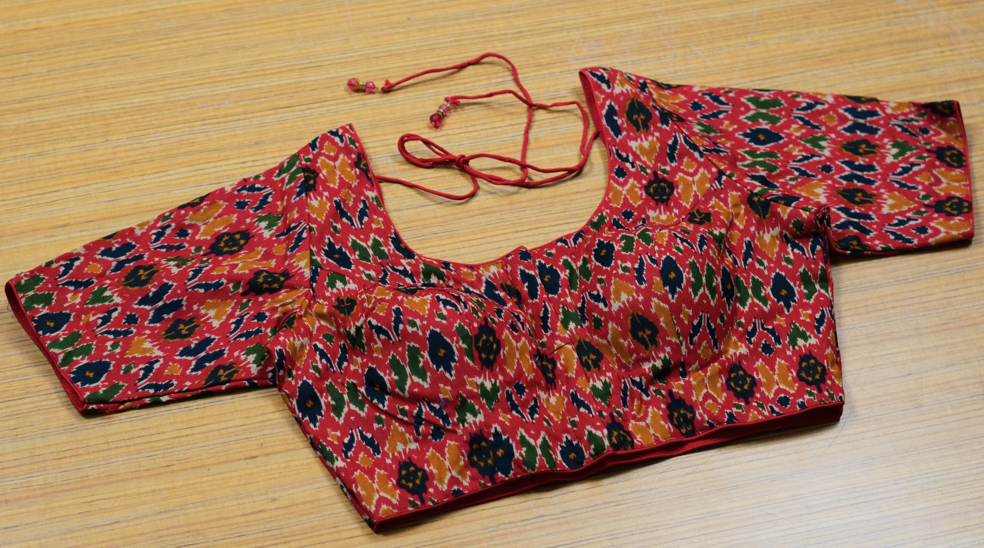 Women's Chanderi Silk Ikat Print Saree Blouse | Front Open Readymade Blouse | Red Multicolor