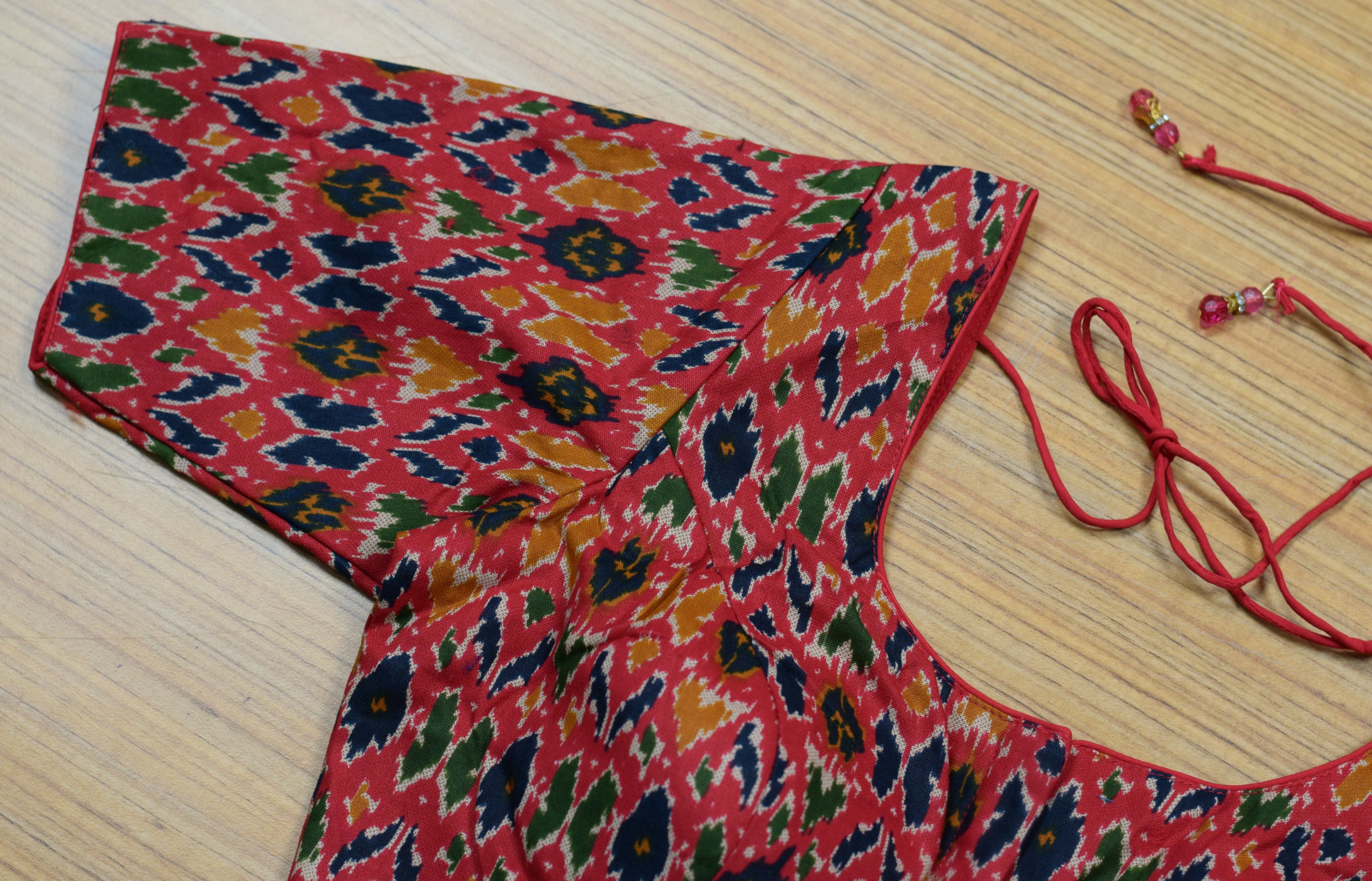 Women's Chanderi Silk Ikat Print Saree Blouse | Front Open Readymade Blouse | Red Multicolor
