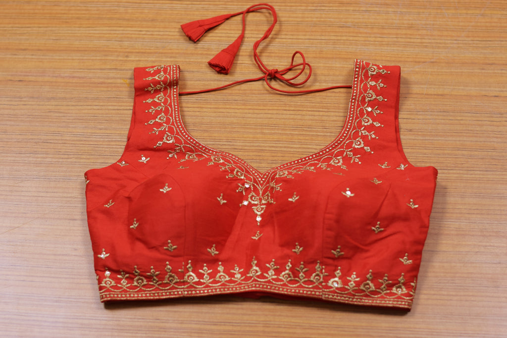 Women's Chanderi Silk Embroidered Saree & Midi Blouse | Readymade Blouse with Attached Sleeves | Red