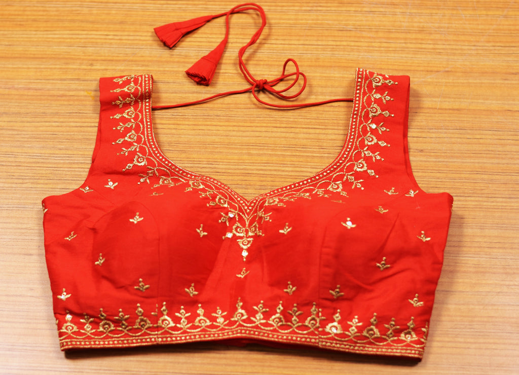 Women's Chanderi Silk Embroidered Saree Blouse | Ready-Made Padded Blouse | Front Neck Design | Sleeves Inside | Red