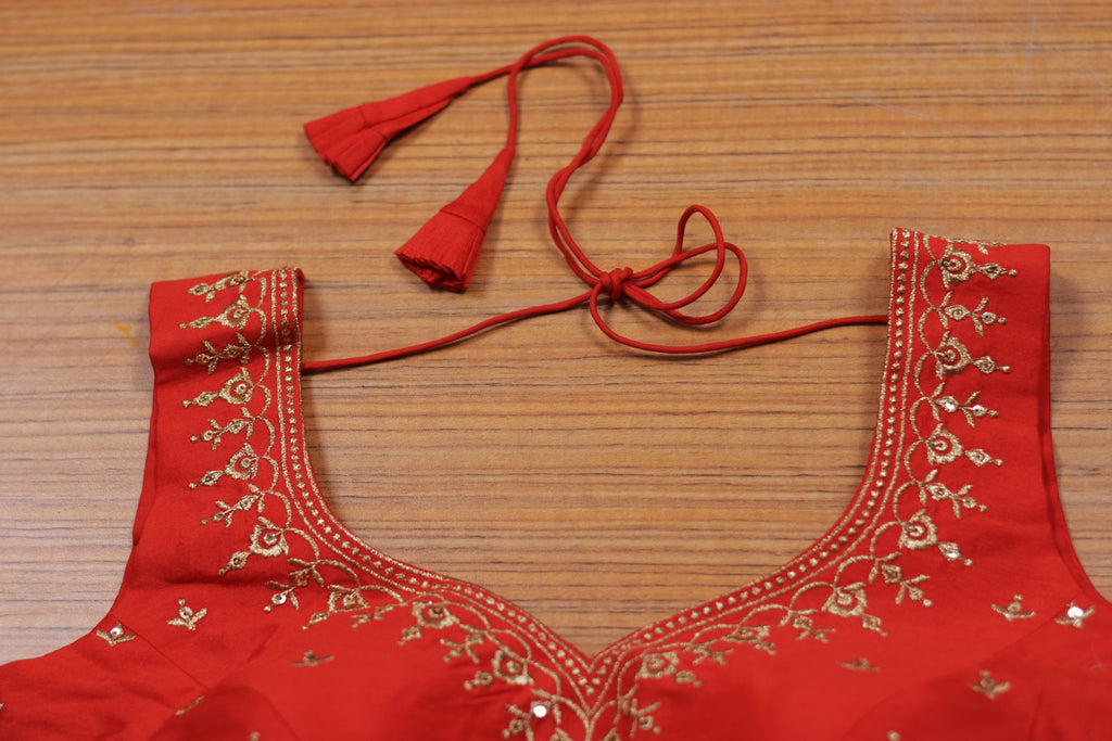 Women's Chanderi Silk Embroidered Saree & Midi Blouse | Readymade Blouse with Attached Sleeves | Red