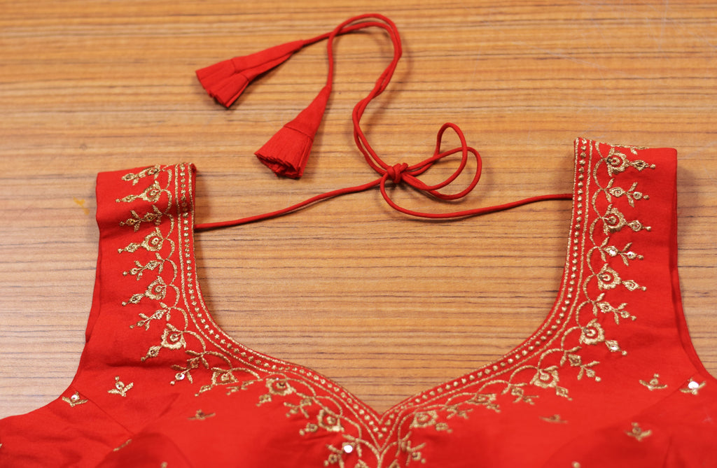 Women's Chanderi Silk Embroidered Saree Blouse | Ready-Made Padded Blouse | Front Neck Design | Sleeves Inside | Red