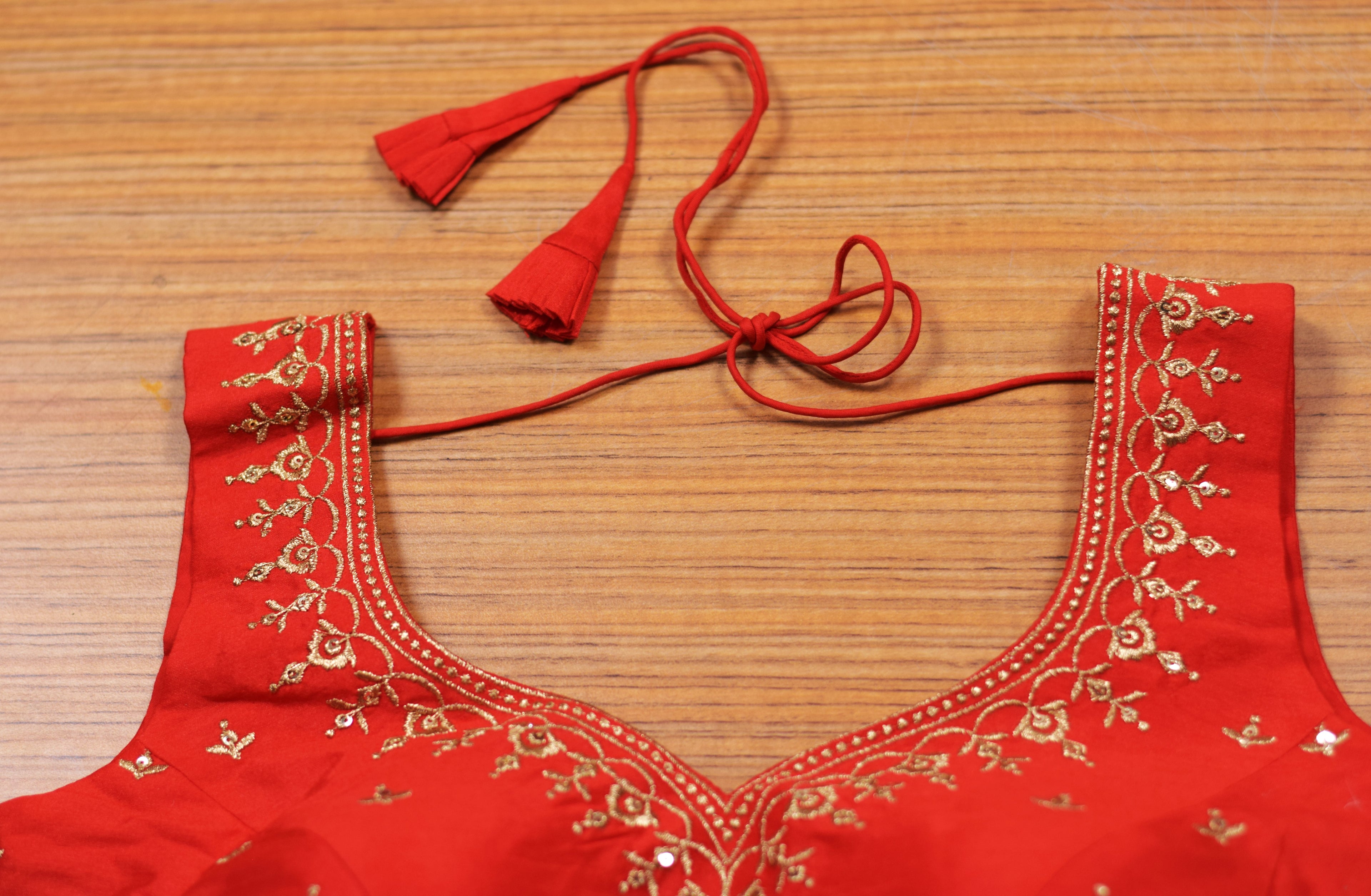 Women's Chanderi Silk Embroidered Saree Blouse | Ready-Made Padded Blouse | Front Neck Design | Sleeves Inside | Red