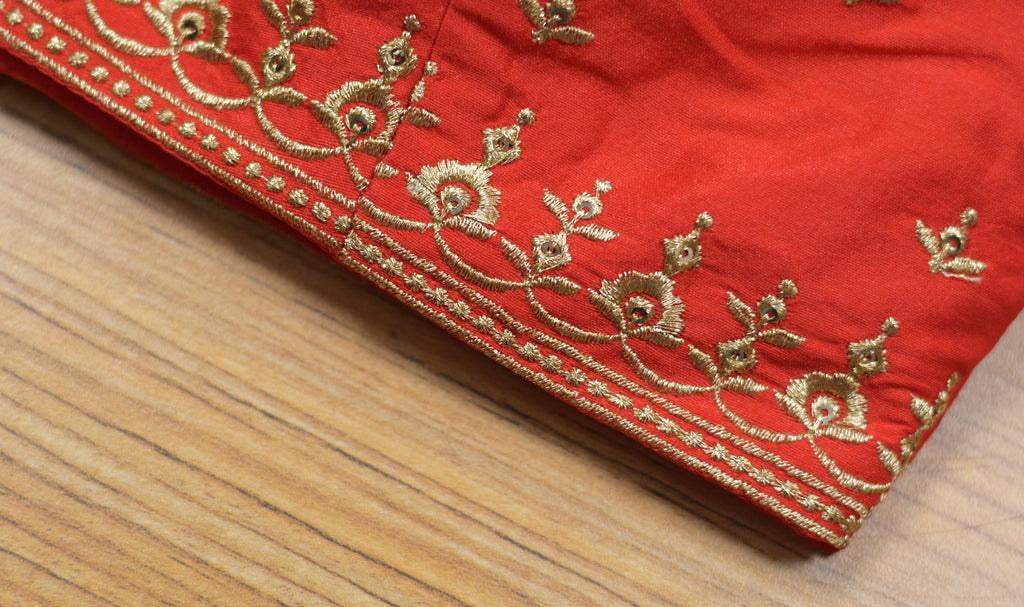 Women's Chanderi Silk Embroidered Saree & Midi Blouse | Readymade Blouse with Attached Sleeves | Red