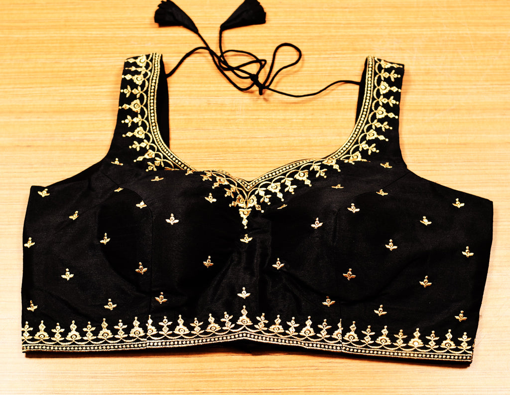 Women's Black Chanderi Silk Embroidered Saree Blouse | Ready-to-Wear Designer Blouse with Sleeves Inside
