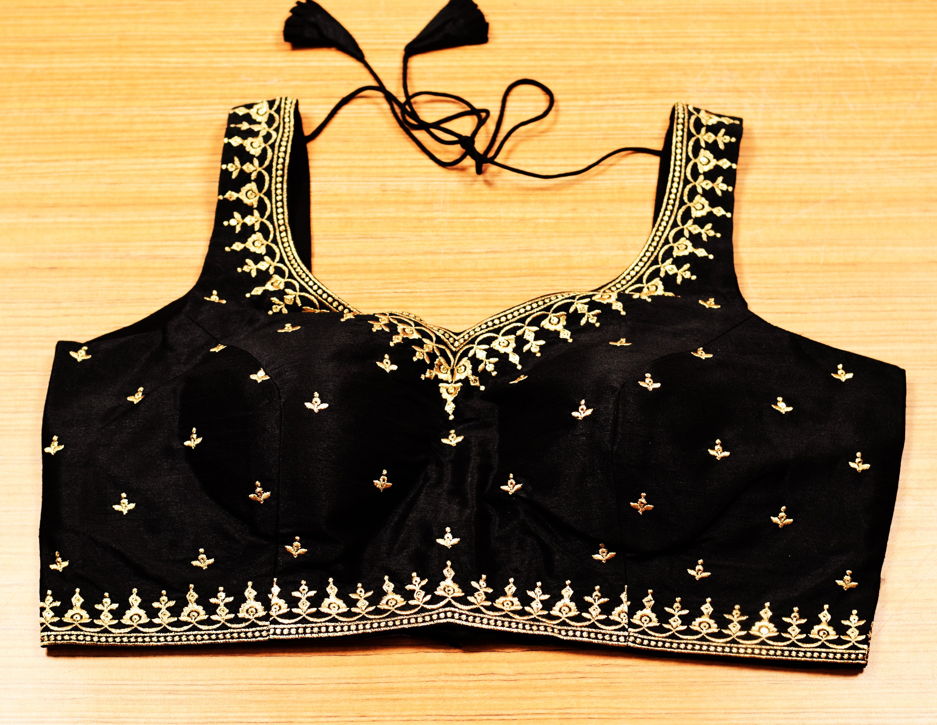 Women's Black Chanderi Silk Embroidered Saree Blouse | Ready-to-Wear Designer Blouse with Sleeves Inside