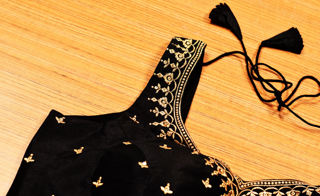 Women's Black Chanderi Silk Embroidered Saree Blouse | Ready-to-Wear Designer Blouse with Sleeves Inside