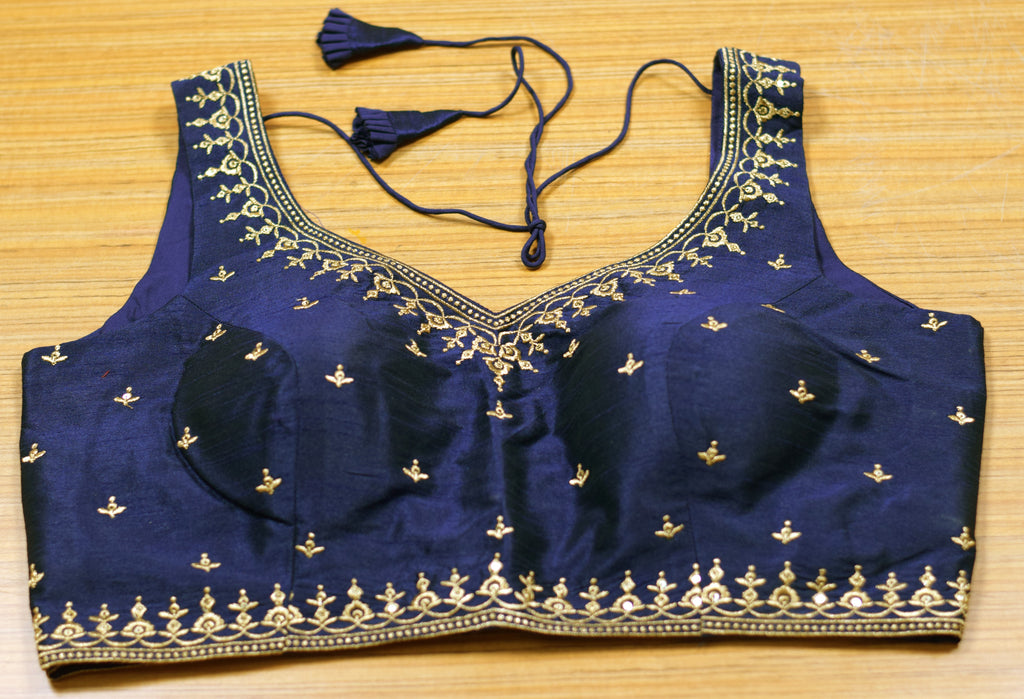 Navy Blue Chanderi Silk Embroidered Saree Blouse for Women | Ready-to-Wear Padded Blouse | Sleeves Inside