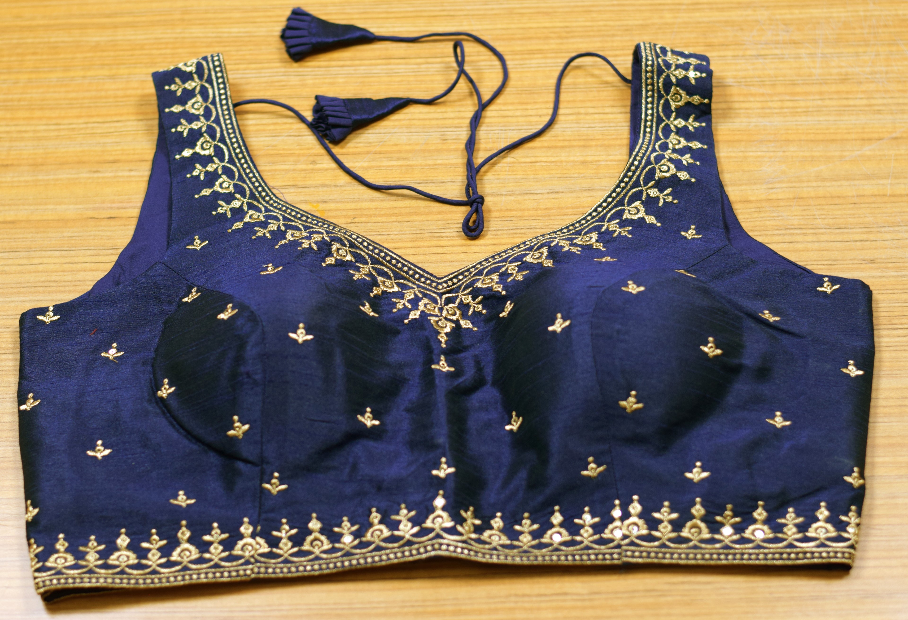 Navy Blue Chanderi Silk Embroidered Saree Blouse for Women | Ready-to-Wear Padded Blouse | Sleeves Inside