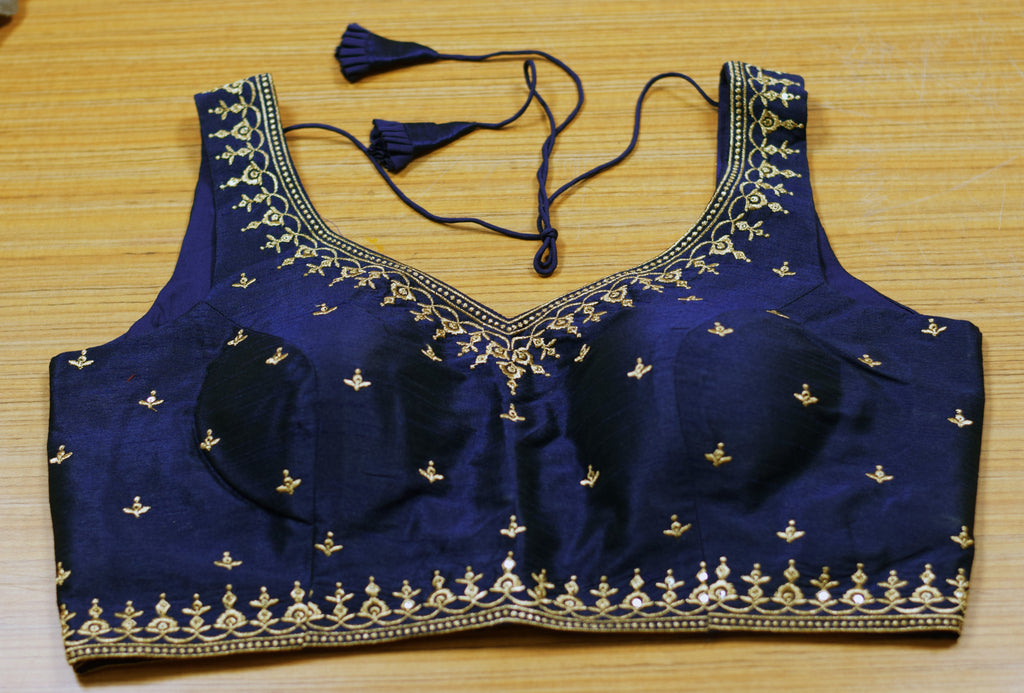 Navy Blue Chanderi Silk Embroidered Saree & Midi Blouse | Readymade Padded Blouse | Sleeves Included