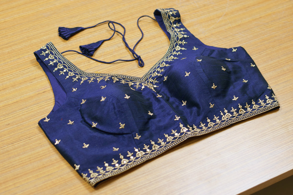 Navy Blue Chanderi Silk Embroidered Saree Blouse for Women | Ready-to-Wear Padded Blouse | Sleeves Inside