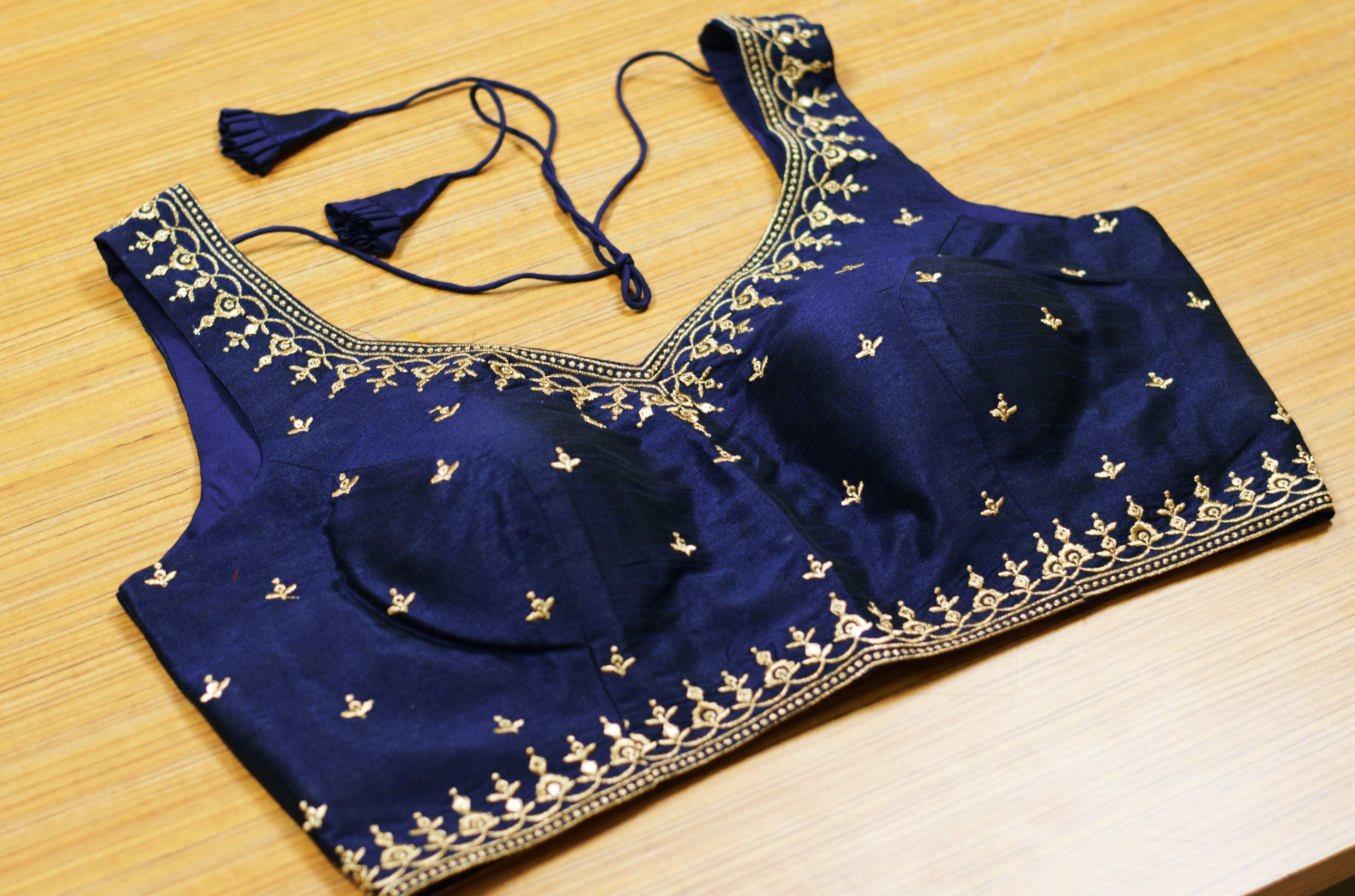 Navy Blue Chanderi Silk Embroidered Saree & Midi Blouse | Readymade Padded Blouse | Sleeves Included
