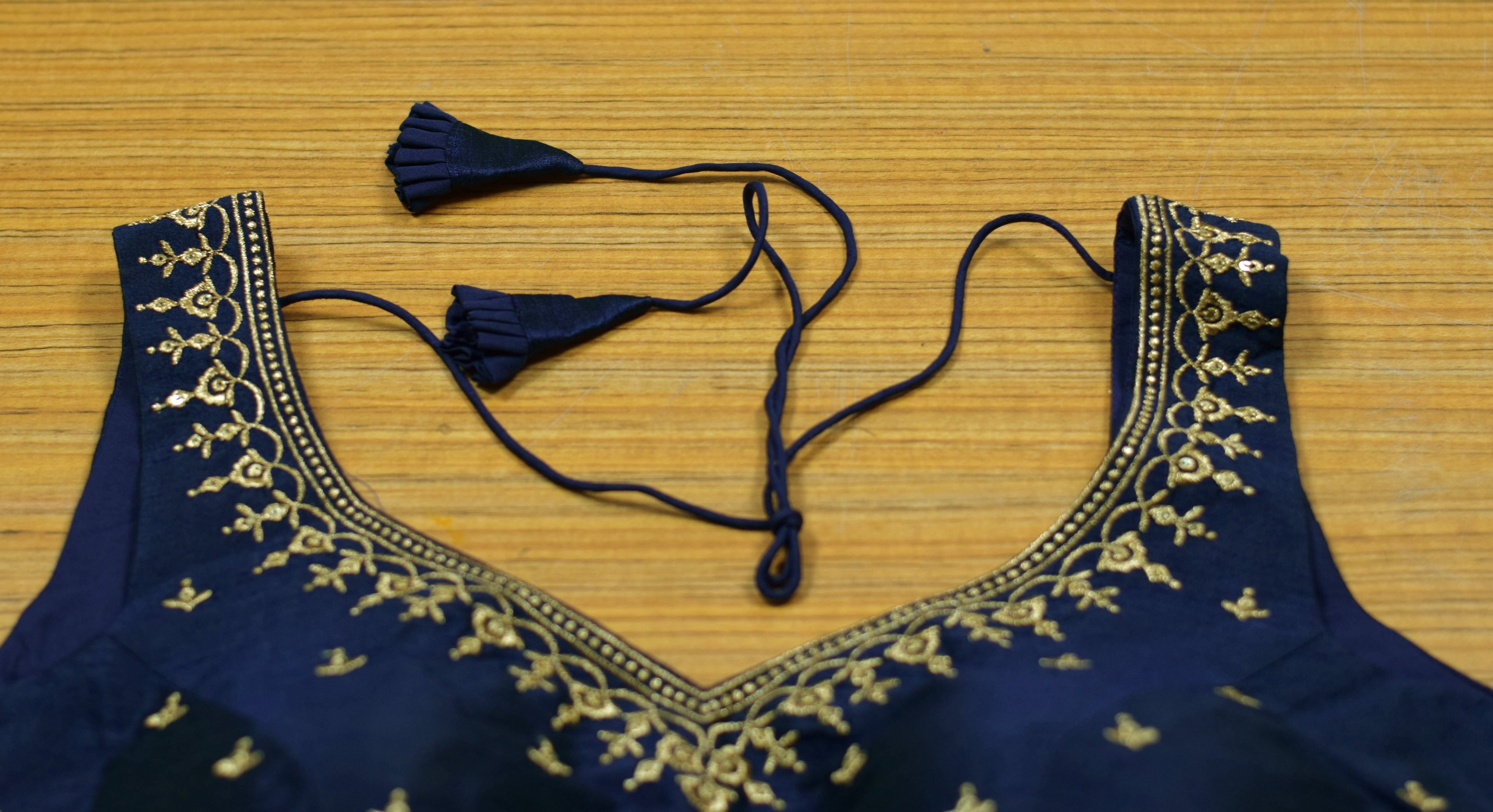 Navy Blue Chanderi Silk Embroidered Saree Blouse for Women | Ready-to-Wear Padded Blouse | Sleeves Inside