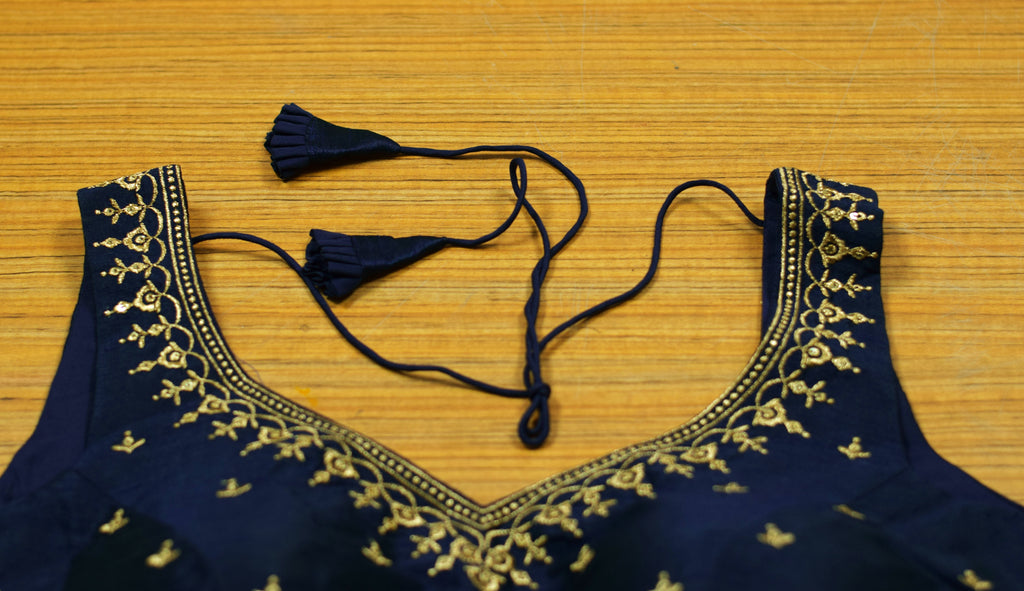 Navy Blue Chanderi Silk Embroidered Saree & Midi Blouse | Readymade Padded Blouse | Sleeves Included