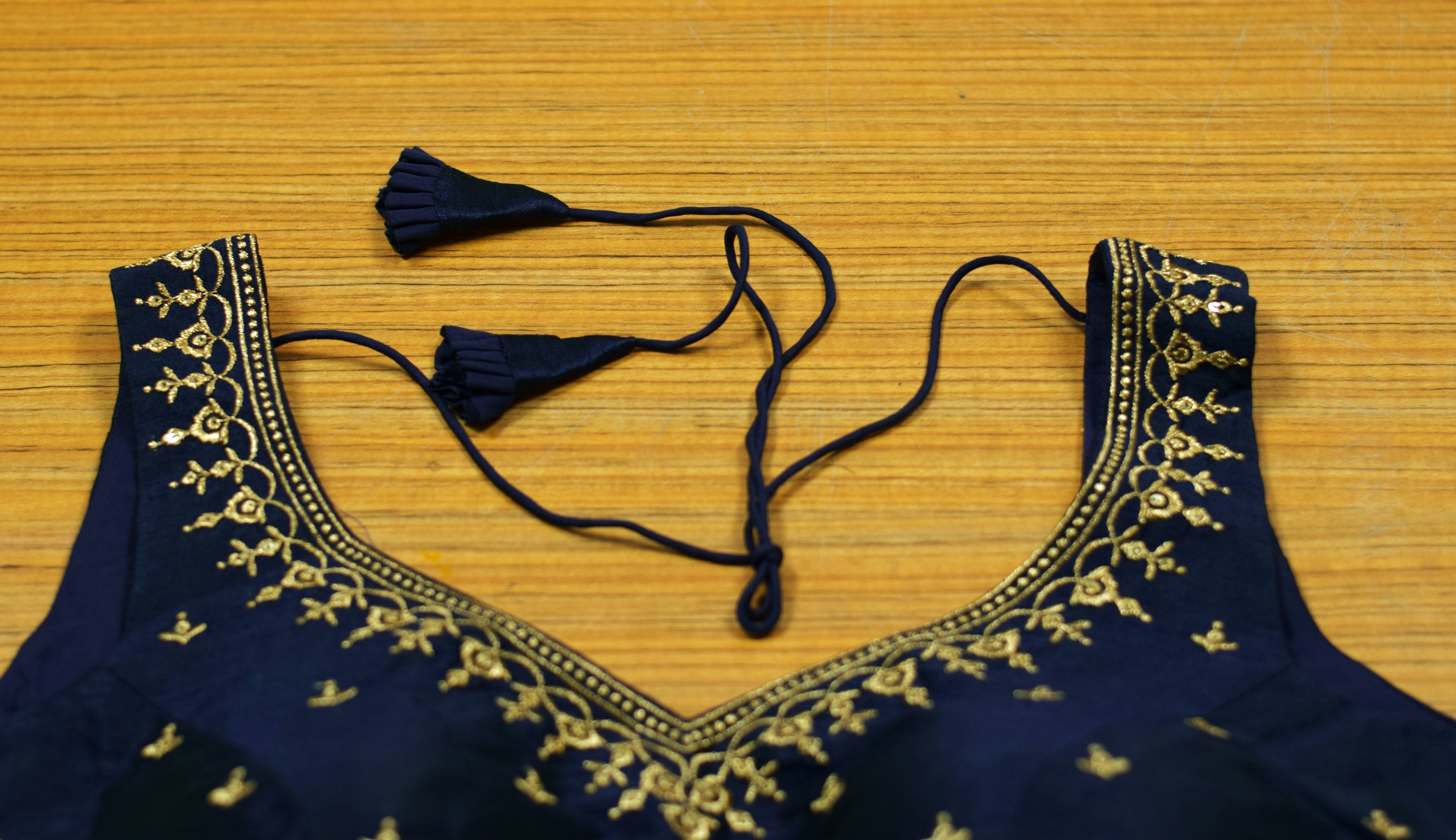 Navy Blue Chanderi Silk Embroidered Saree & Midi Blouse | Readymade Padded Blouse | Sleeves Included