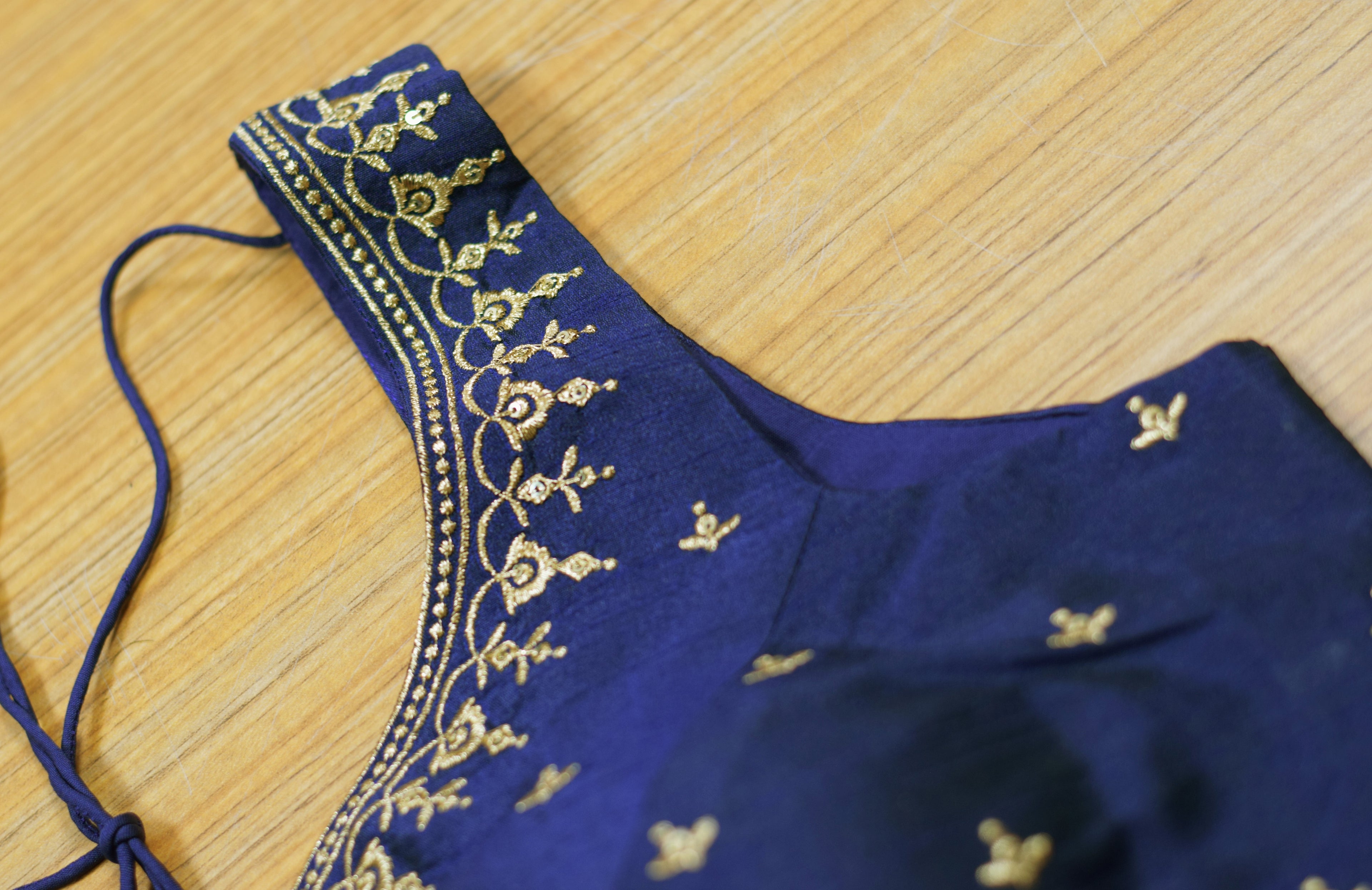 Navy Blue Chanderi Silk Embroidered Saree Blouse for Women | Ready-to-Wear Padded Blouse | Sleeves Inside