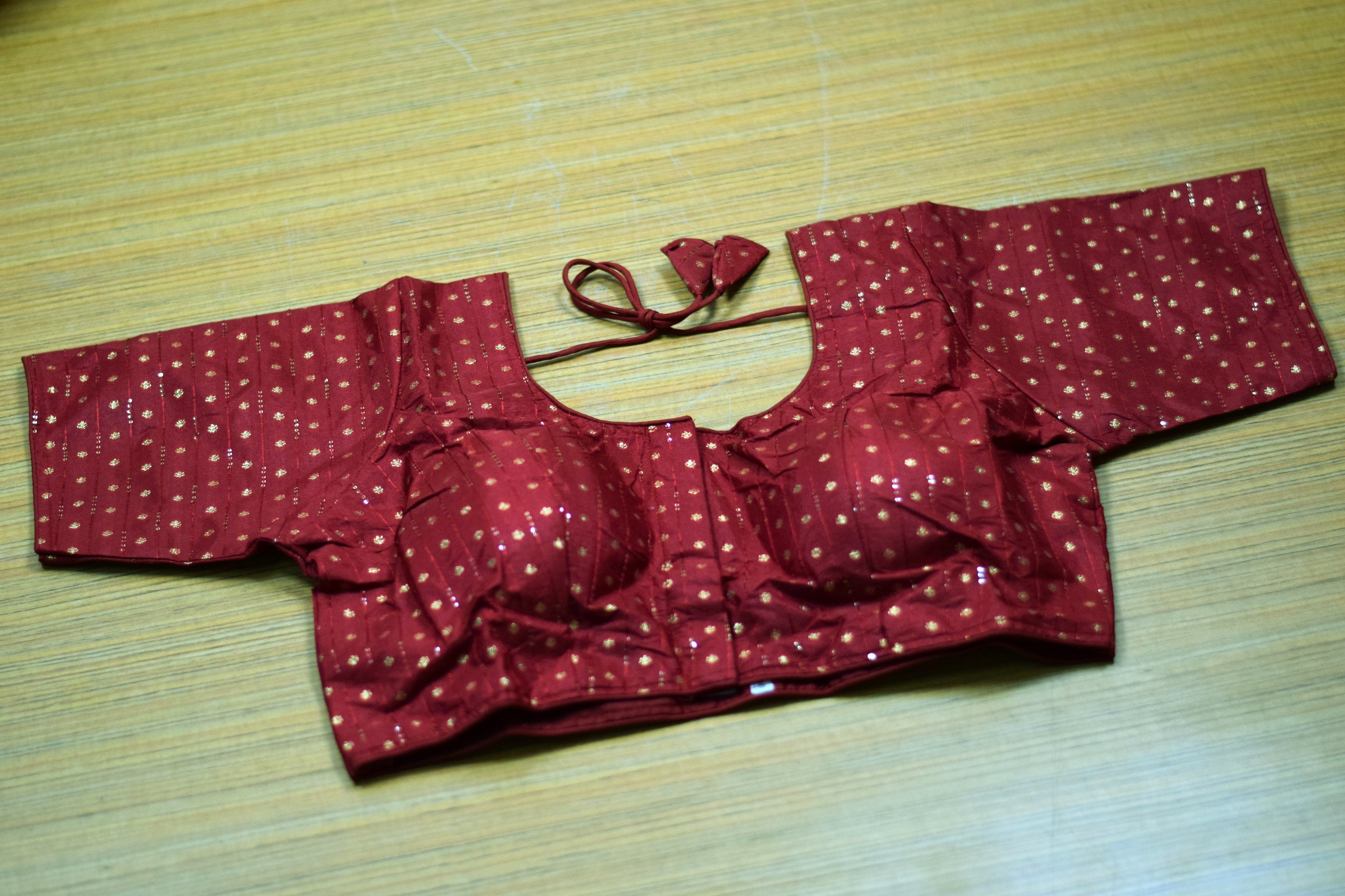 Women's Chanderi Silk Saree Blouse | Front Open Readymade Blouse | Maroon with Gold Butti Design | Padded | Elbow Sleeves