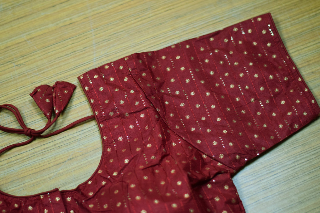 Women's Chanderi Silk Saree Blouse | Front Open Readymade Blouse | Maroon with Gold Butti Design | Padded | Elbow Sleeves