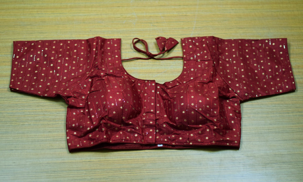 Women's Chanderi Silk Saree Blouse | Front Open Readymade Blouse | Maroon with Gold Butti Design | Padded | Elbow Sleeves