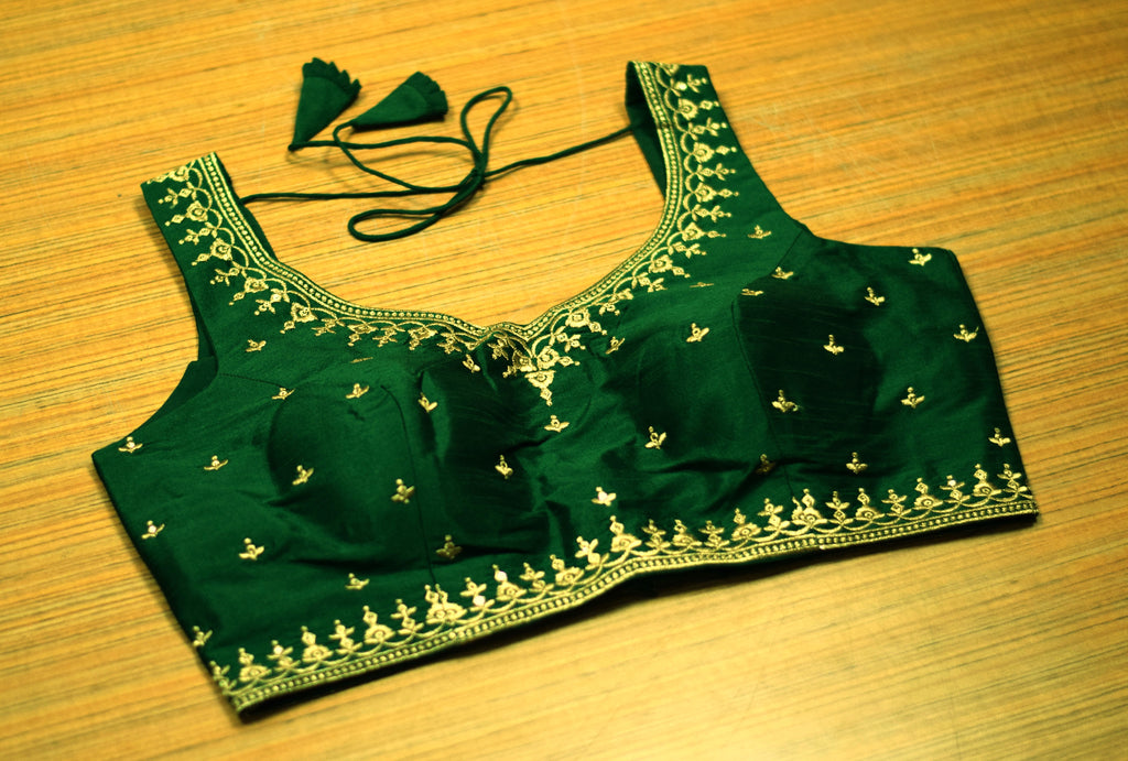Women's Chanderi Silk Saree Blouse | Embroidered Ready-to-Wear Blouse | Padded | Sleeves Inside | Dark Green