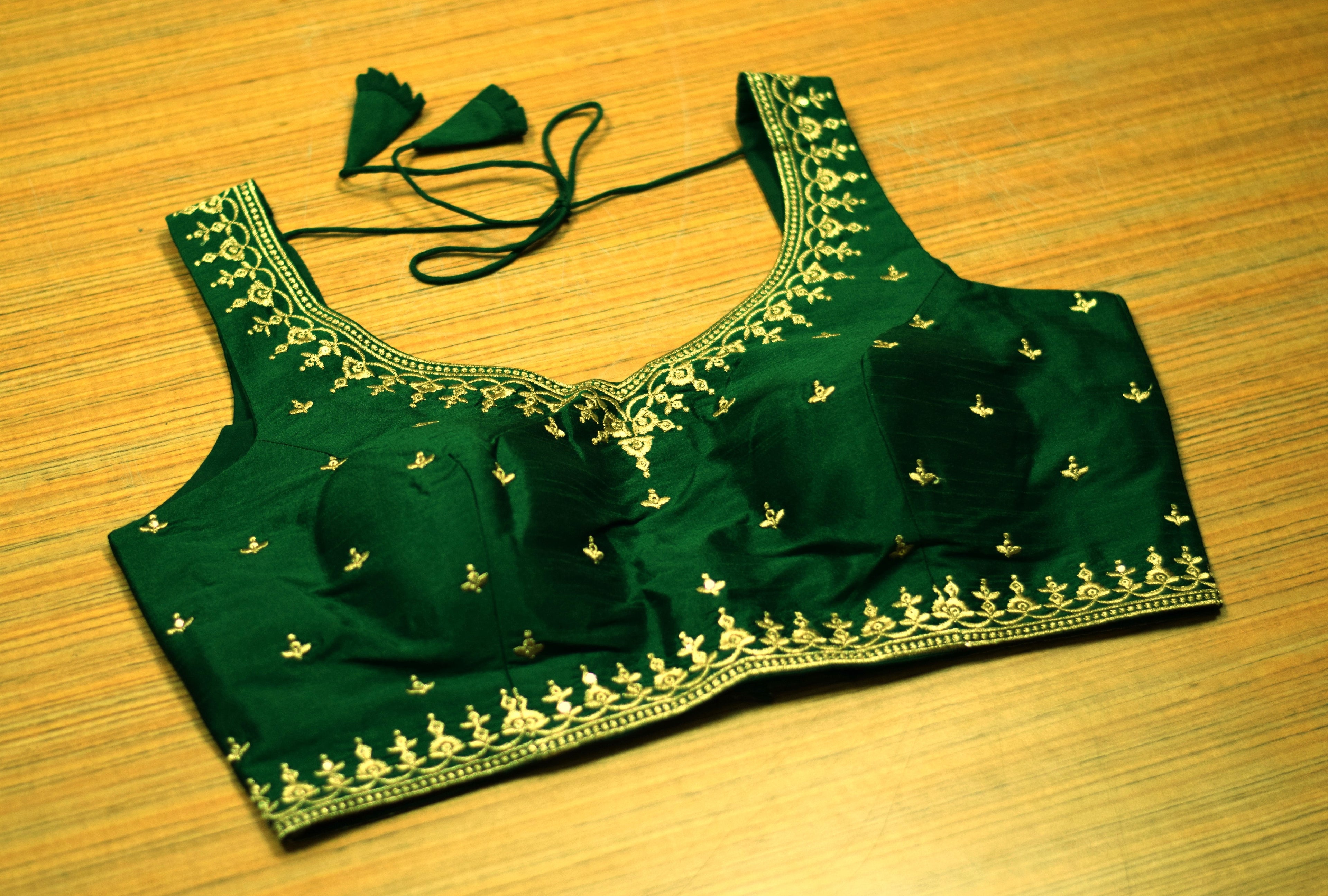 Women's Chanderi Silk Saree Blouse | Embroidered Ready-to-Wear Blouse | Padded | Sleeves Inside | Dark Green