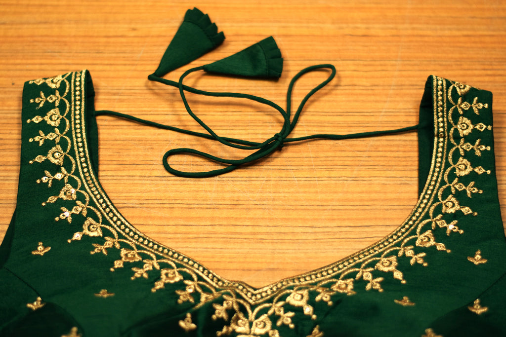 Women's Chanderi Silk Saree Blouse | Embroidered Ready-to-Wear Blouse | Padded | Sleeves Inside | Dark Green