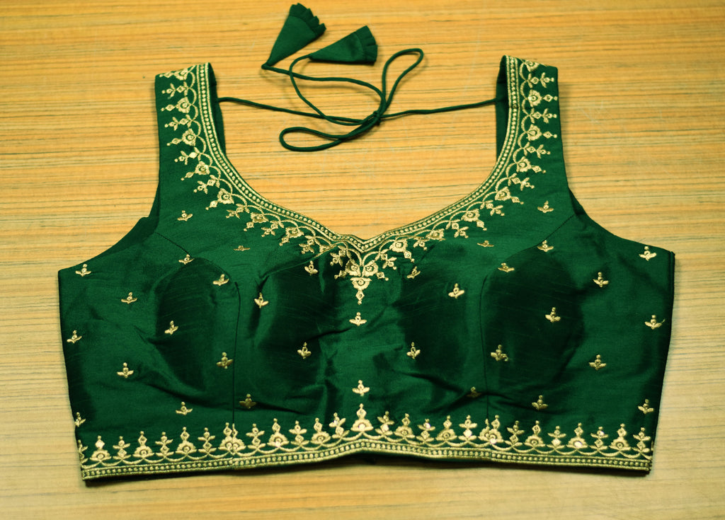Women's Chanderi Silk Saree Blouse | Embroidered Ready-to-Wear Blouse | Padded | Sleeves Inside | Dark Green