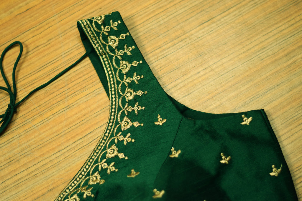 Women's Chanderi Silk Saree Blouse | Embroidered Ready-to-Wear Blouse | Padded | Sleeves Inside | Dark Green