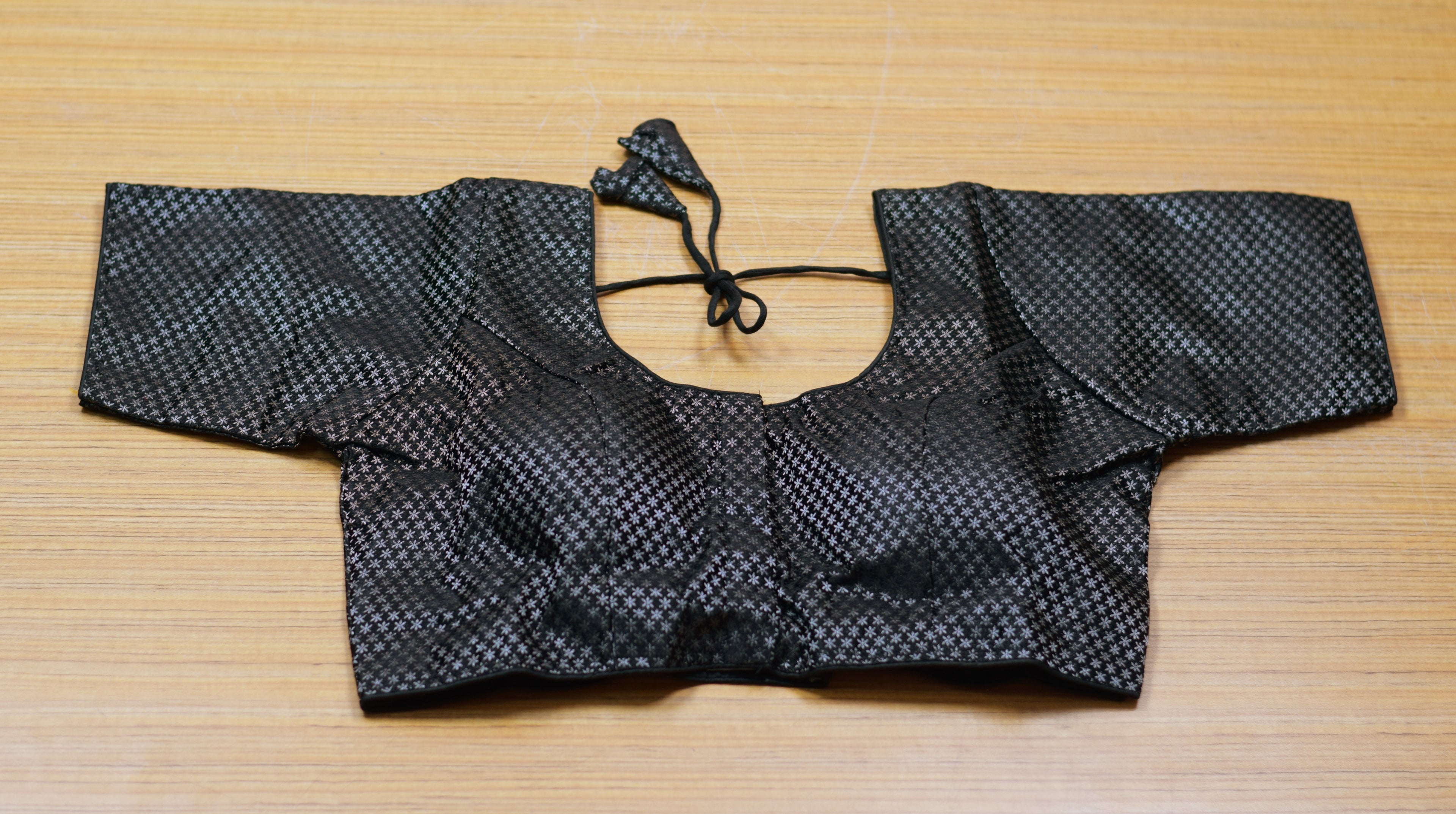 Women's Chanderi Silk Front Open Saree Blouse | Readymade Blouse for Sarees & Midi Wear | Black with Silver Woven Design