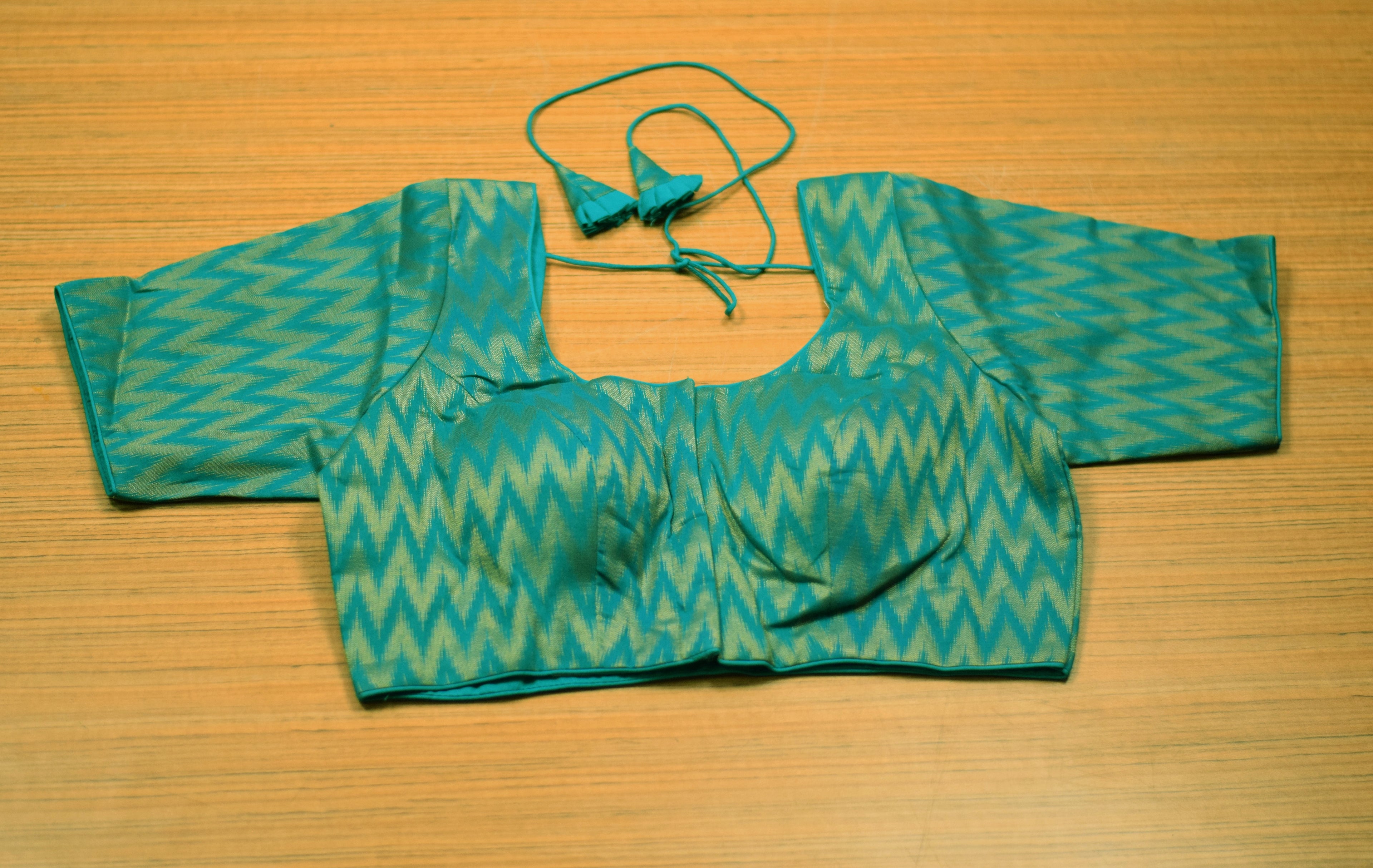 Women's Chanderi Silk Front Open Saree Blouse | Ready-to-Wear Designer Blouse | Teal Zigzag Pattern