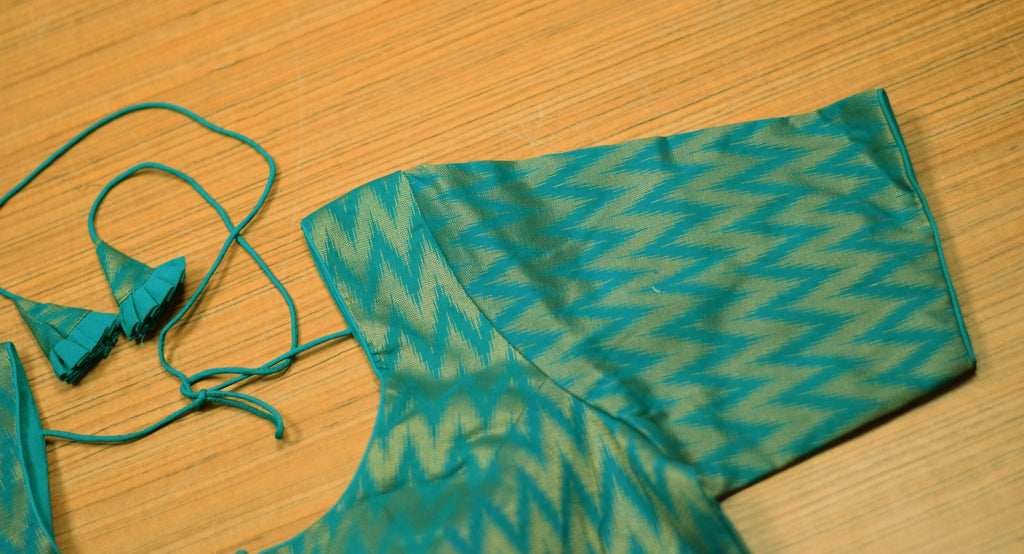 Women's Chanderi Silk Front Open Saree Blouse | Ready-to-Wear Designer Blouse | Teal Zigzag Pattern