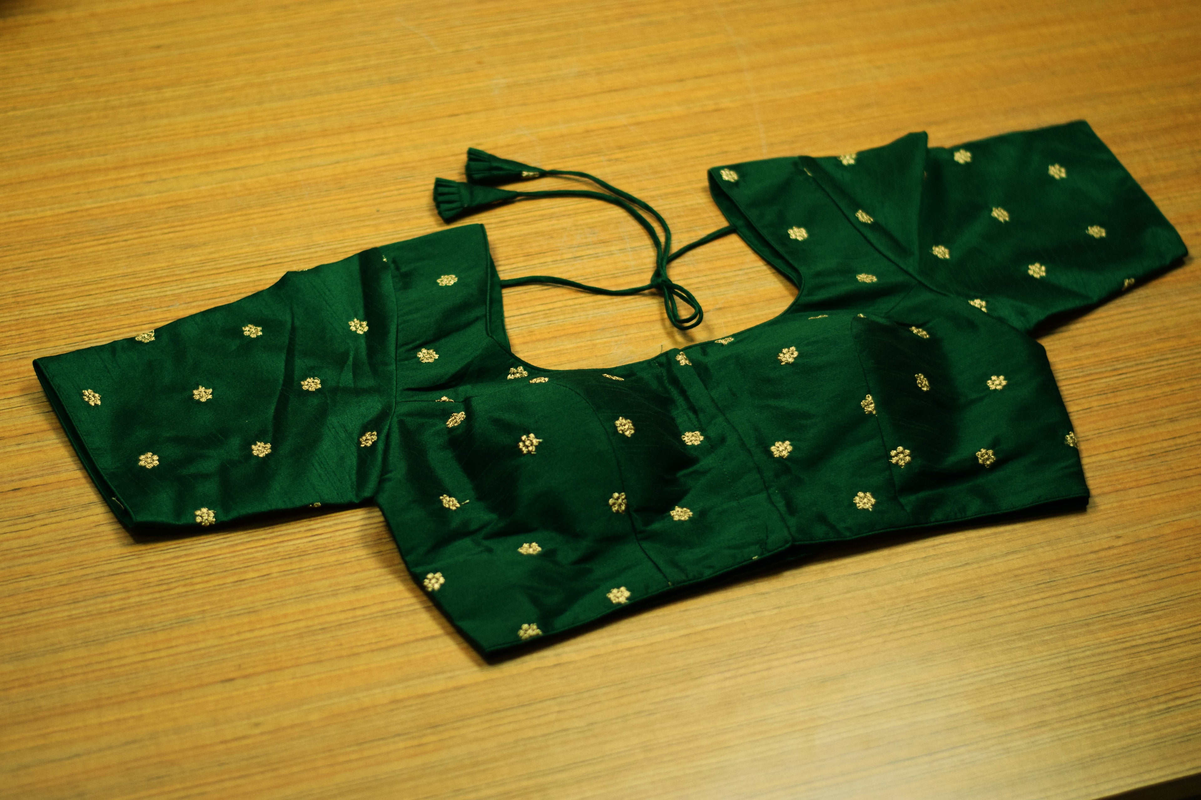 Women's Chanderi Silk Front Open Saree Blouse | Readymade Padded Blouse for Sarees & Midi | Dark Green with Gold Butti