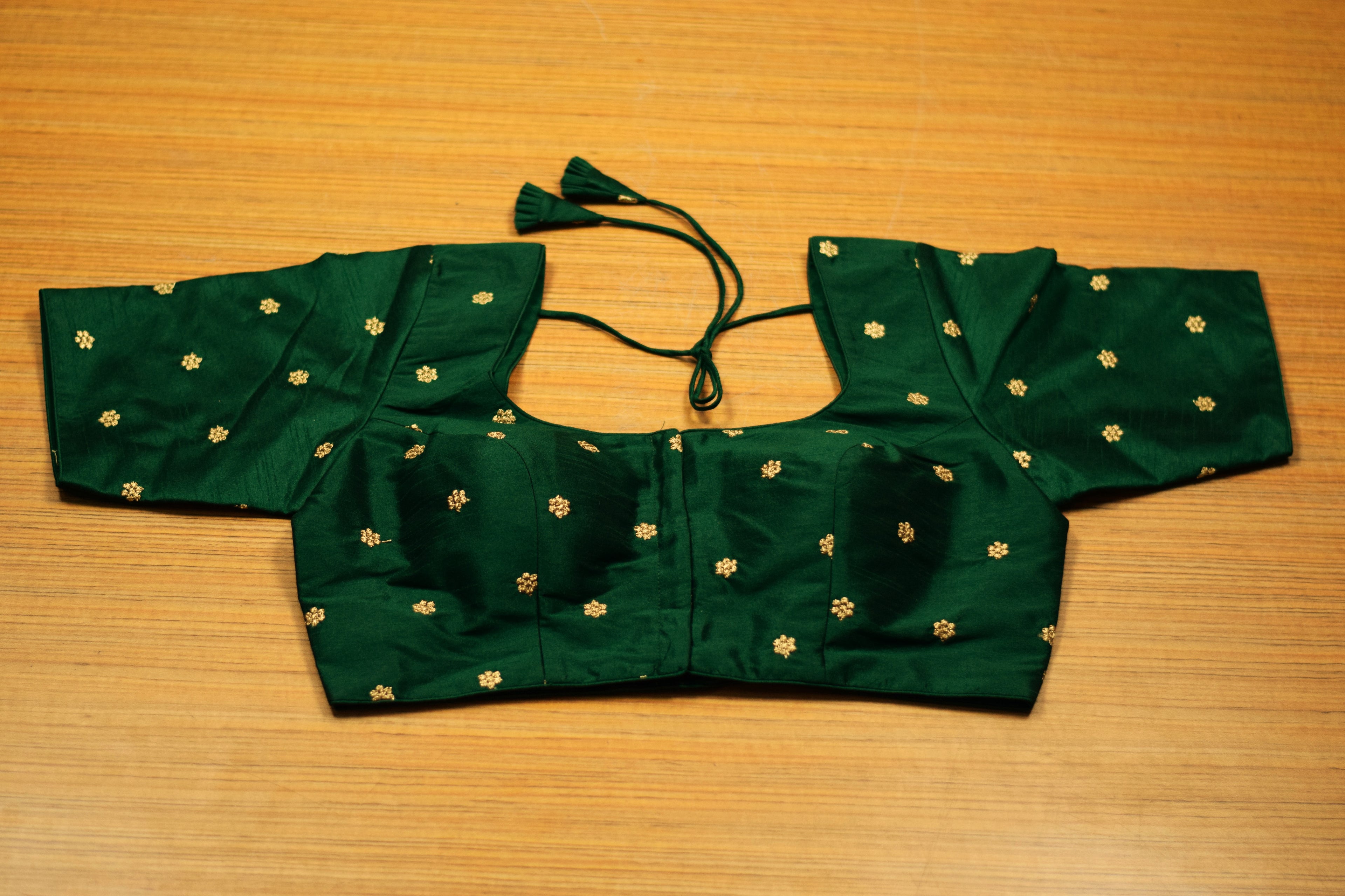 Women's Chanderi Silk Front Open Saree Blouse | Readymade Padded Blouse for Sarees & Midi | Dark Green with Gold Butti