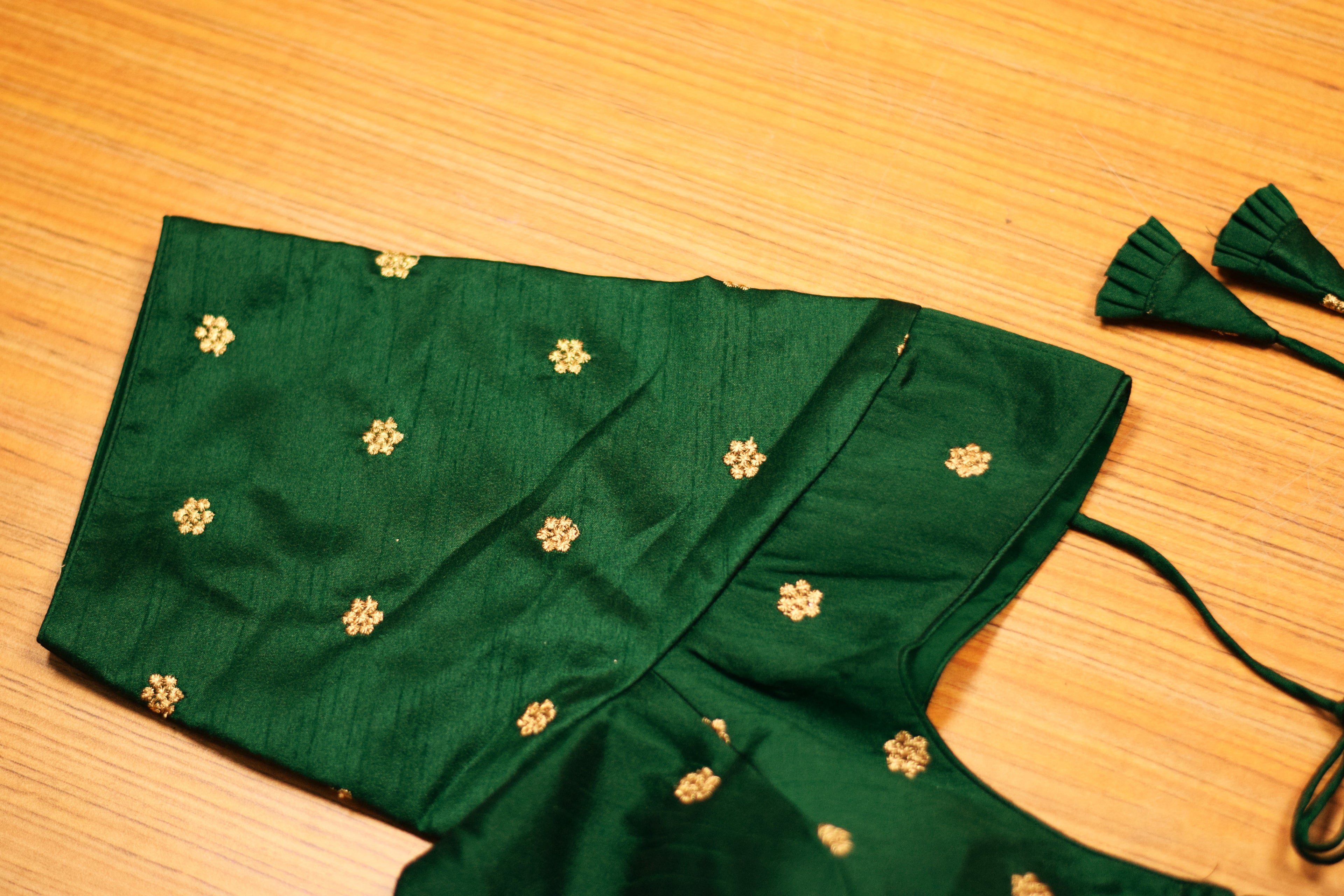 Women's Chanderi Silk Front Open Saree Blouse | Readymade Padded Blouse for Sarees & Midi | Dark Green with Gold Butti