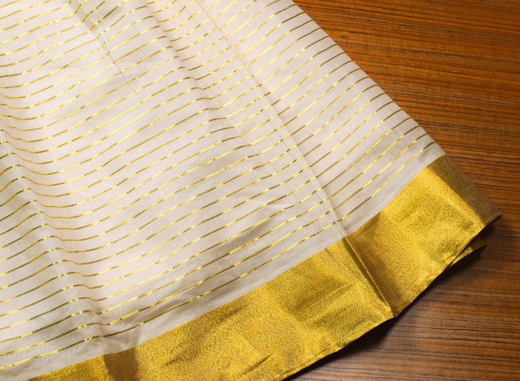 Girls Kerala Traditional Skirt & Top Set – White with Golden Stripes | Onam Festive Wear | Sleeveless Ethnic Outfit