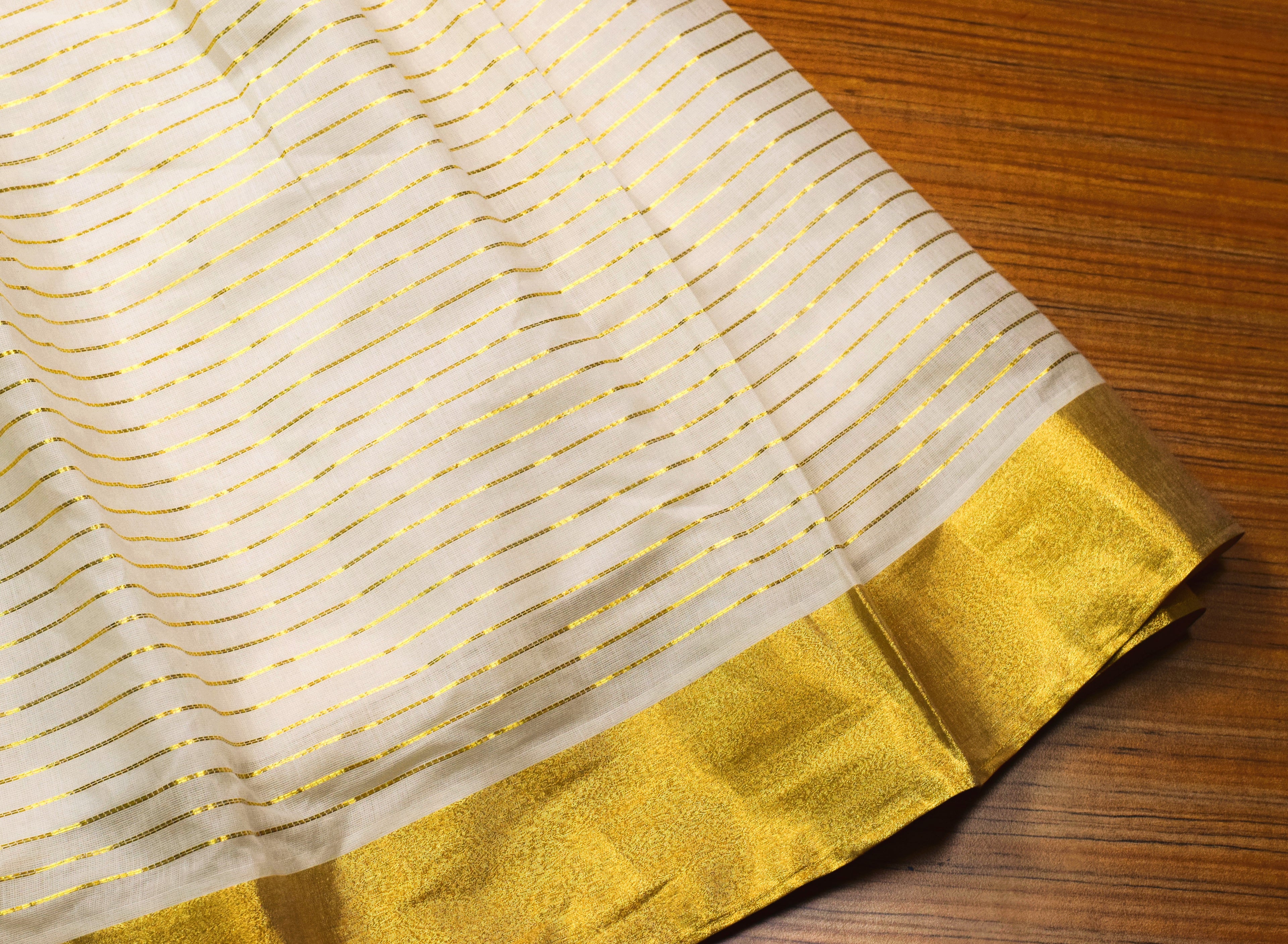 Girls Kerala Traditional Skirt & Top Set – White with Golden Stripes | Onam Festive Wear | Sleeveless Ethnic Outfit