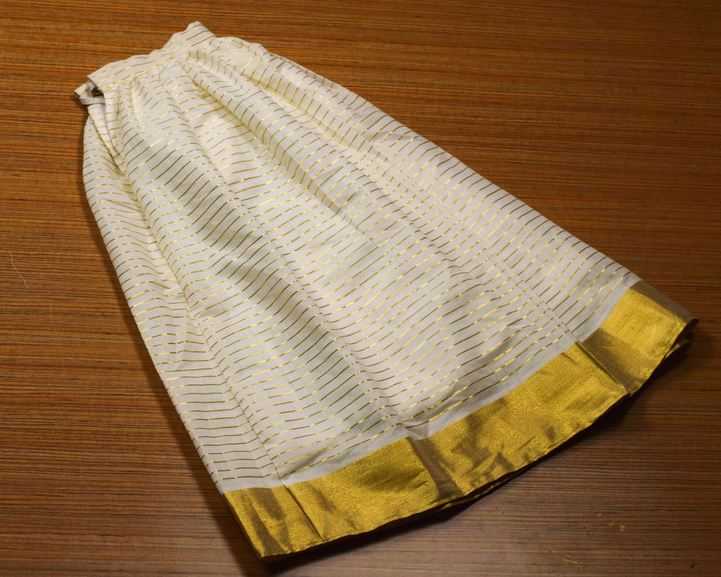 Girls Kerala Traditional Skirt & Top Set – White with Golden Stripes | Onam Festive Wear | Sleeveless Ethnic Outfit